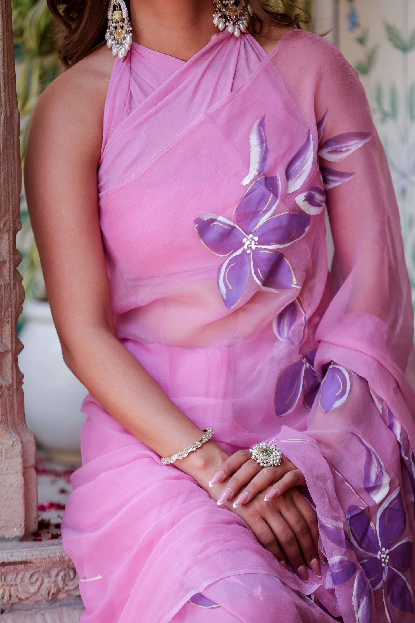 Elegant handpainted lavender chiffon saree with floral embroidery, perfect for festive occasions