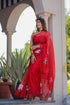 Elegant handpainted red organza saree with floral designs, perfect for festive occasions