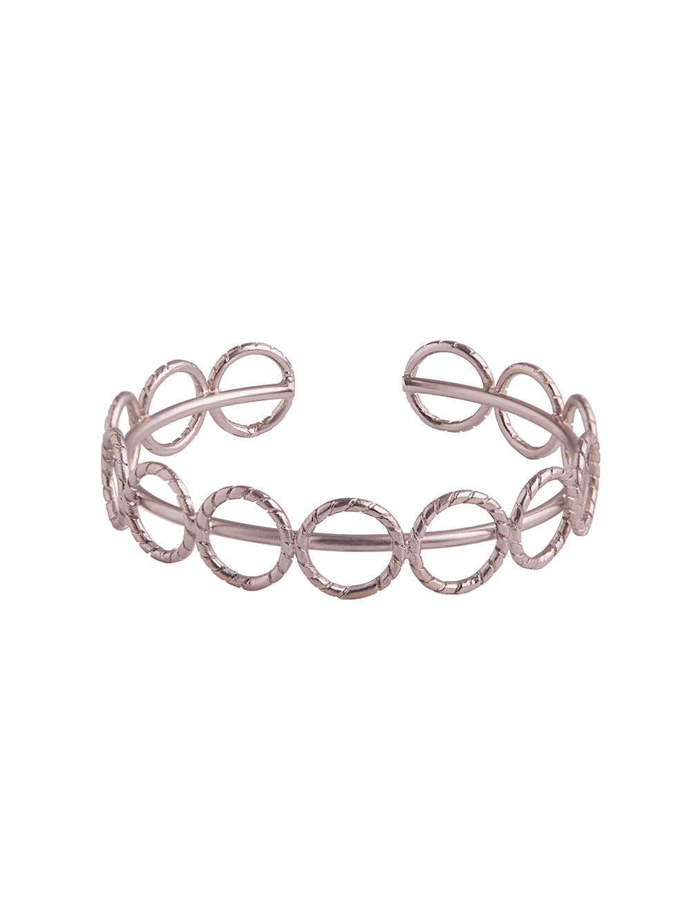 Stylera open cuff circle link women's fashion bracelet silver with textured finish for casual and dressy wear