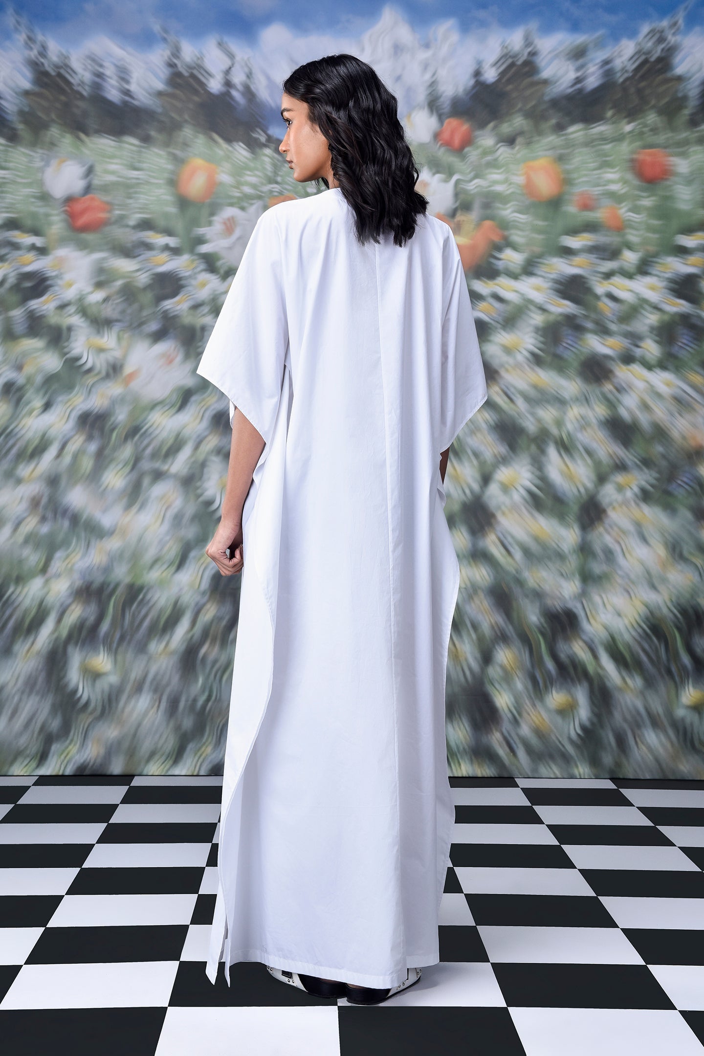 Stylera white back view dress on model lace-up free size kaftan long flowing gown