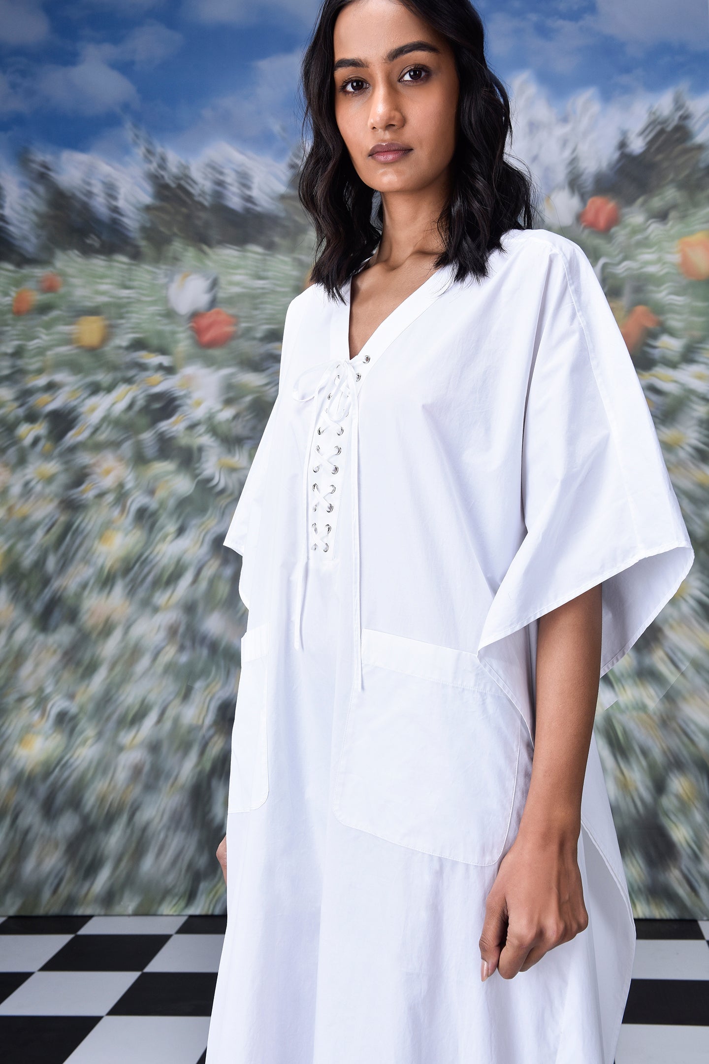 Stylera white lace-up free size kaftan dress with front lace ties and patch pockets