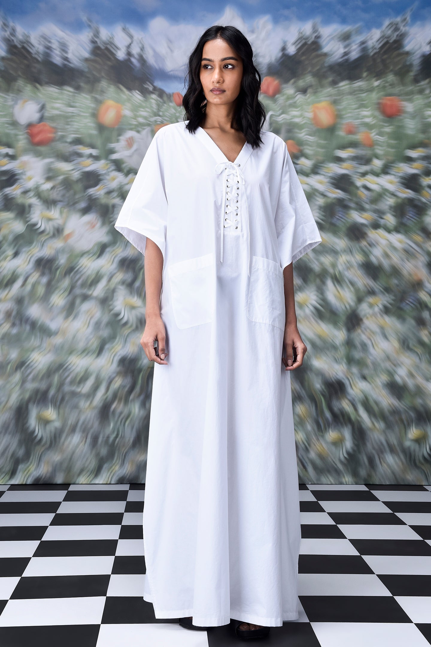 Stylera white floor length dress with V neck lace tie front and pockets lace-up free size kaftan