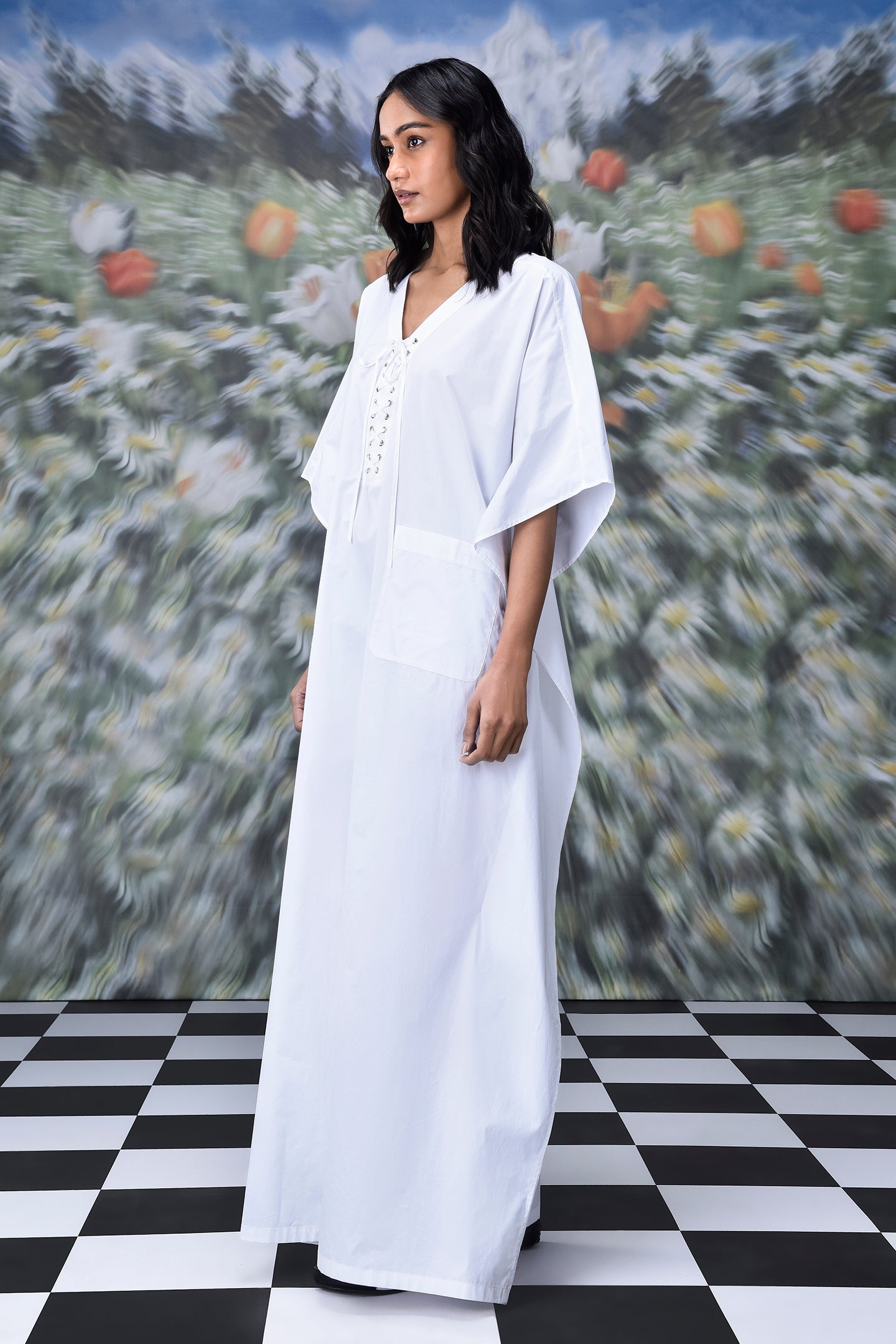 Stylera white lace-up free size kaftan dress with V neckline wide sleeves and front pockets