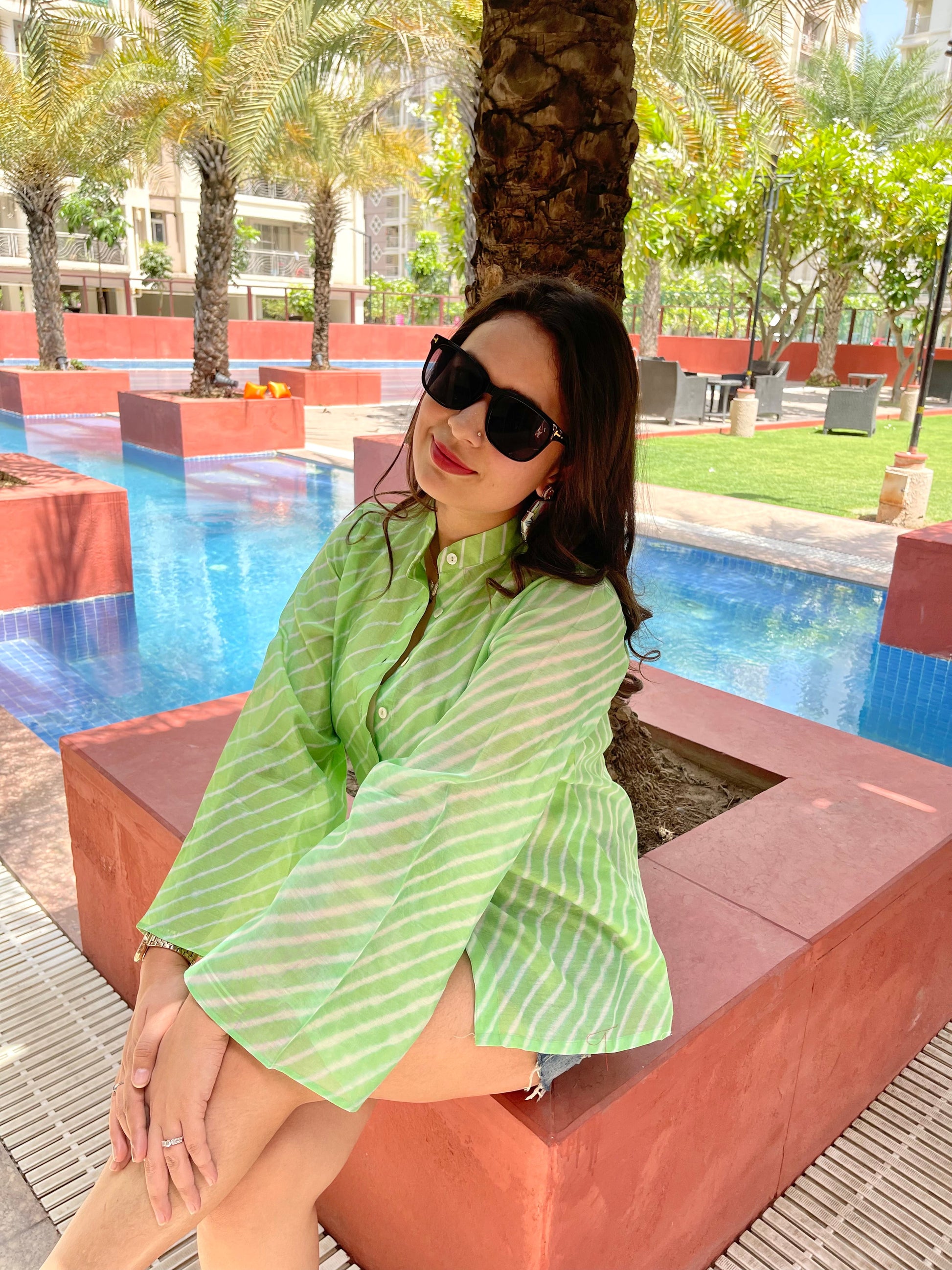 Stylera green lehriya print summer tops for women with stylish bell sleeves, perfect for warm weather outings