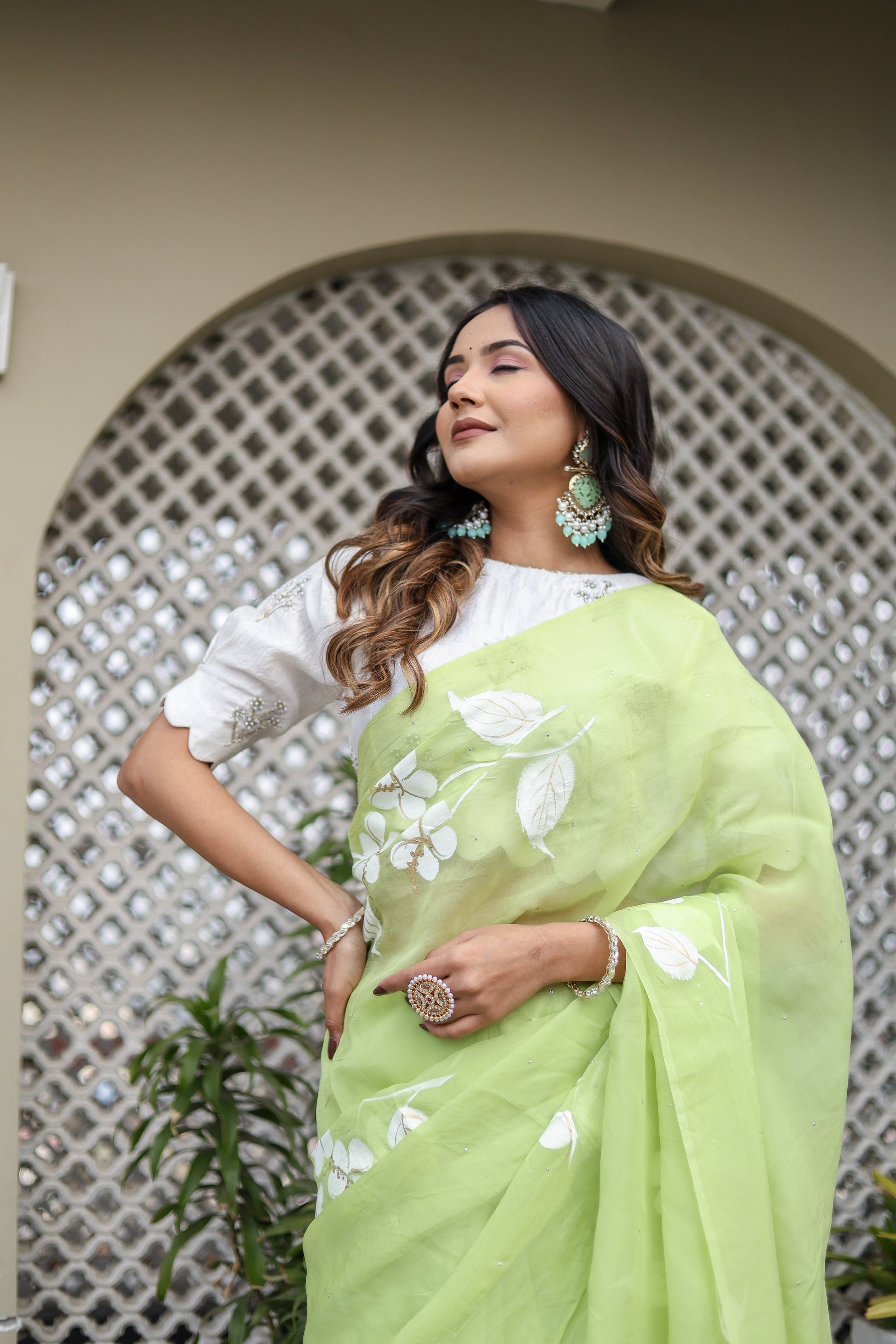 Elegant lightweight party wear saree in light green with floral design for festive occasions