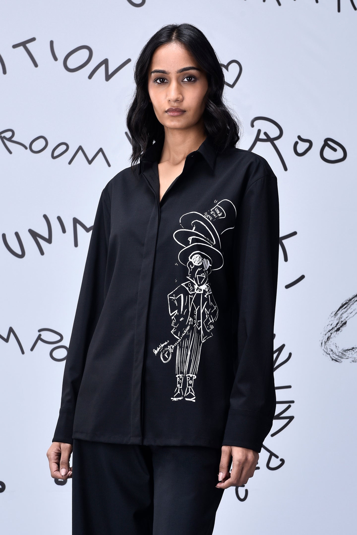 Mad Hatter wool shirt by Stylera black long sleeve button down with white illustration