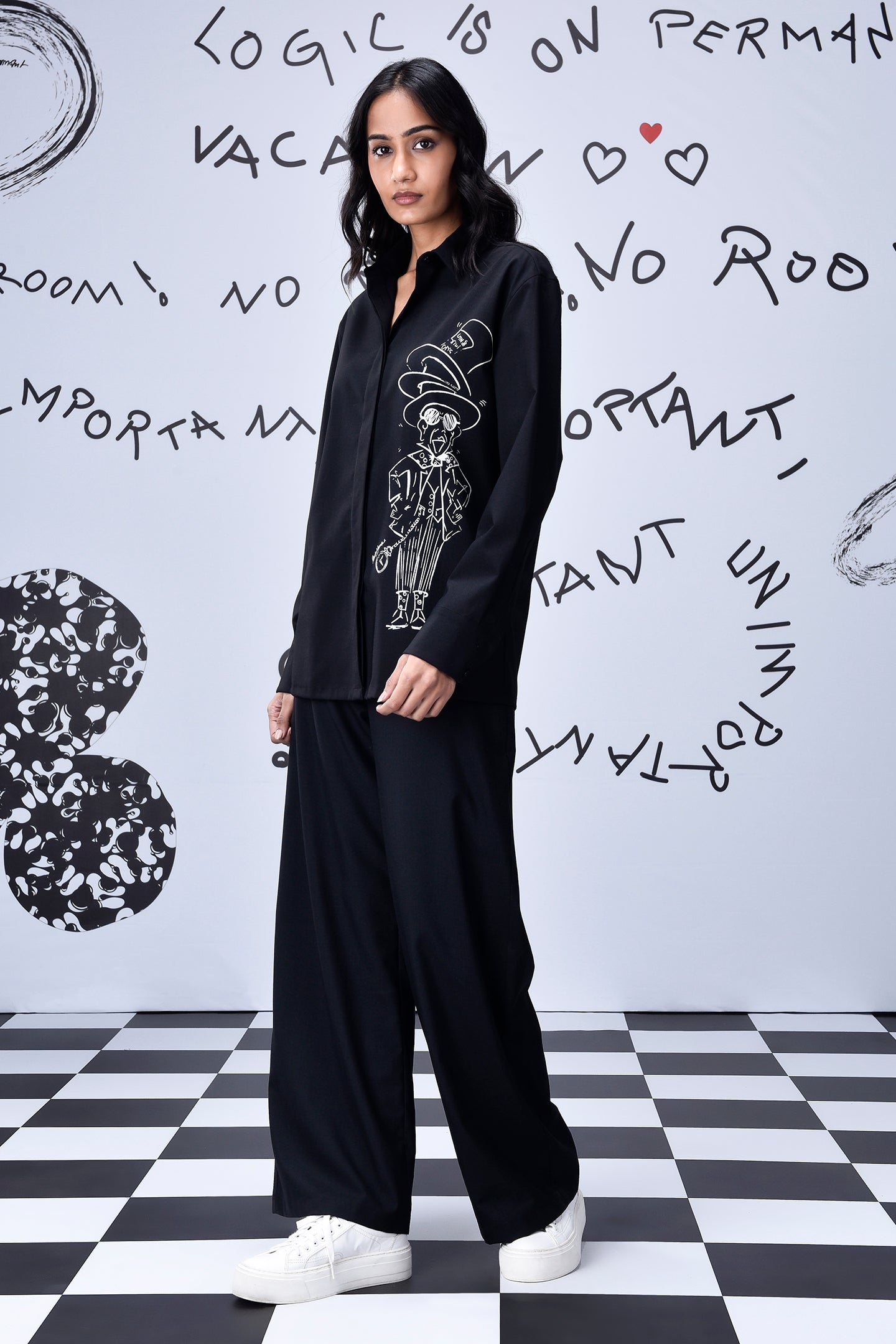 Stylera Mad Hatter wool shirt black long sleeve with illustrated Mad Hatter graphic