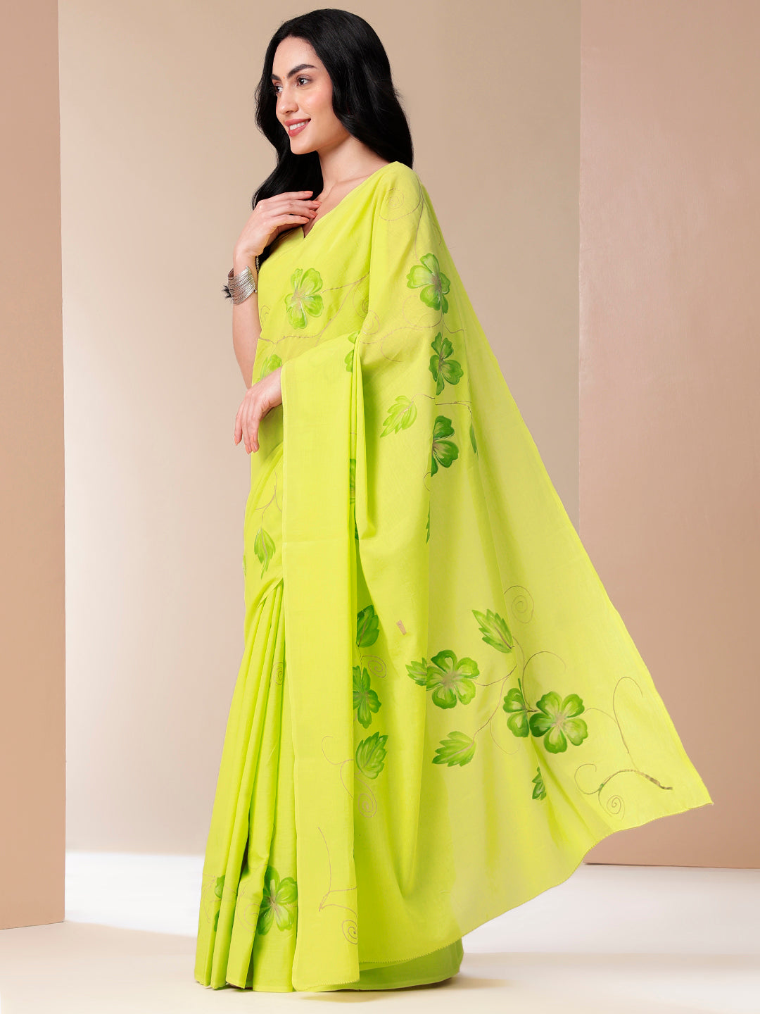Vibrant Lime Green Mal Mal Saree for Women with Floral Embroidery by Stylera