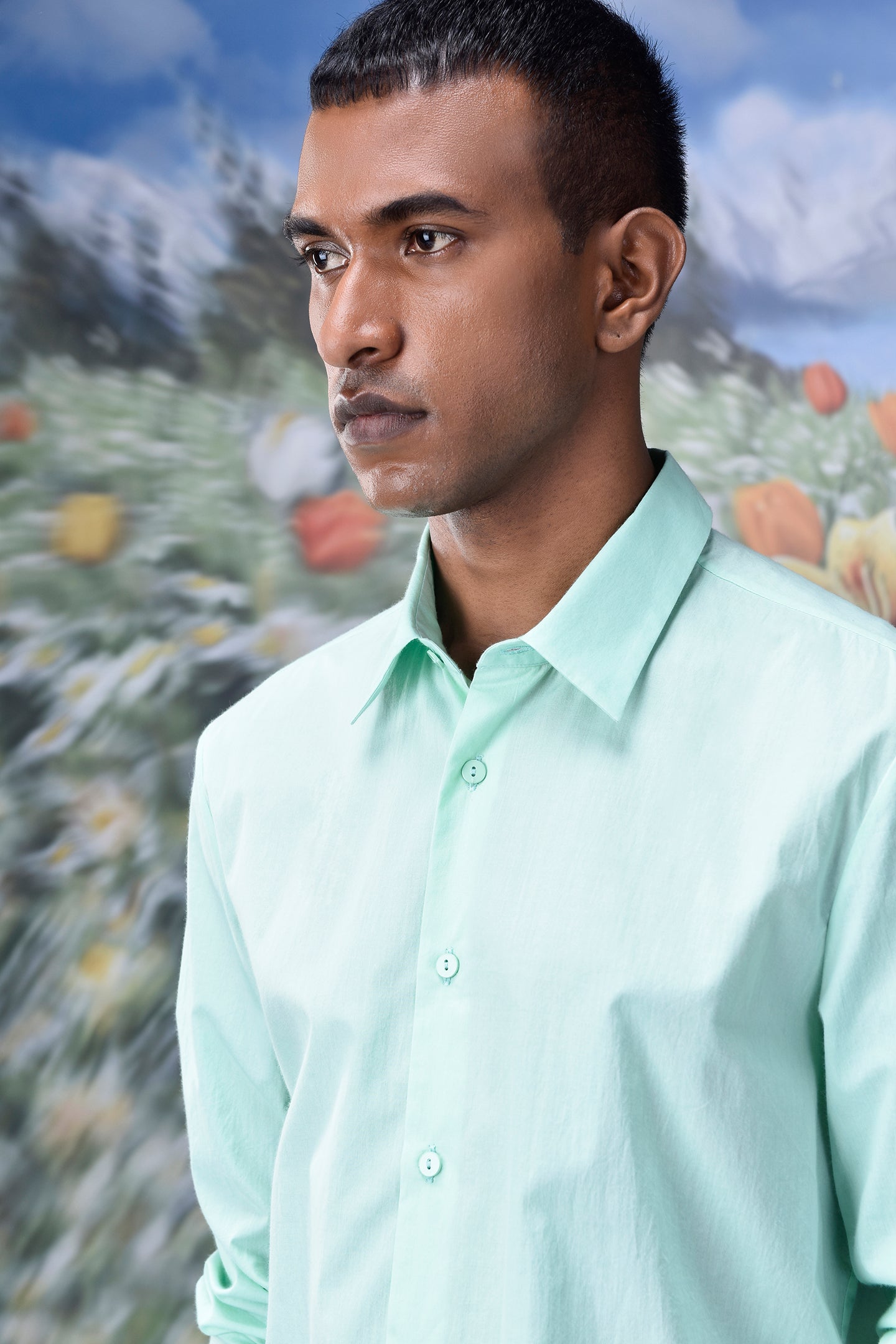 Model wearing mint green malmal regular fit formal shirt by Stylera ideal for office