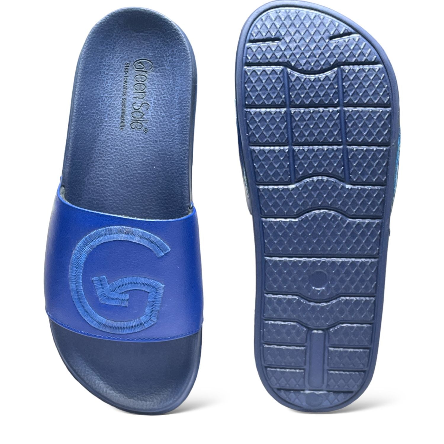 Men's blue slider sandals with a comfortable footbed and durable sole from Stylera