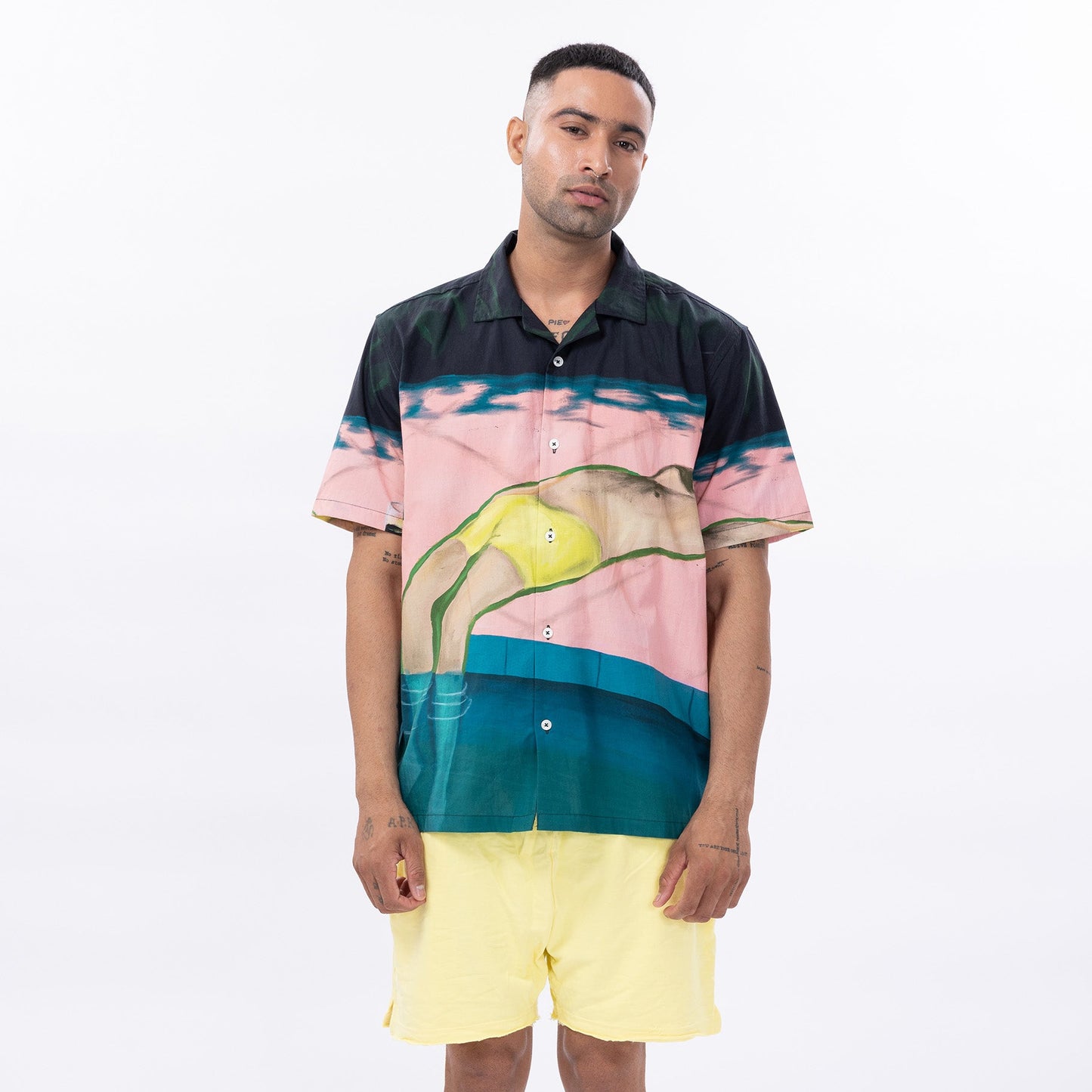 Stylera men's graphic short sleeve shirt featuring a colorful artistic design with a relaxed fit