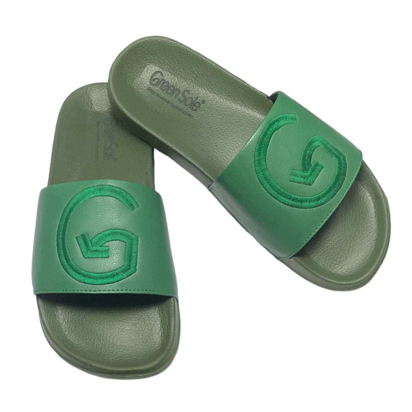 Men's green sliders featuring a bold G logo and comfortable slip-on design from Stylera