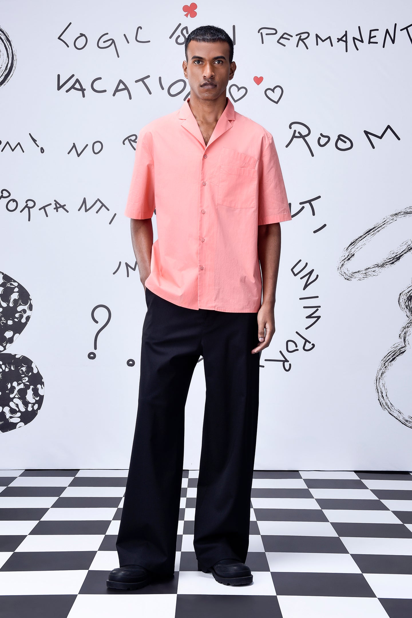 Stylera mens overlapping pocket shirt in coral pink with short sleeves and relaxed fit