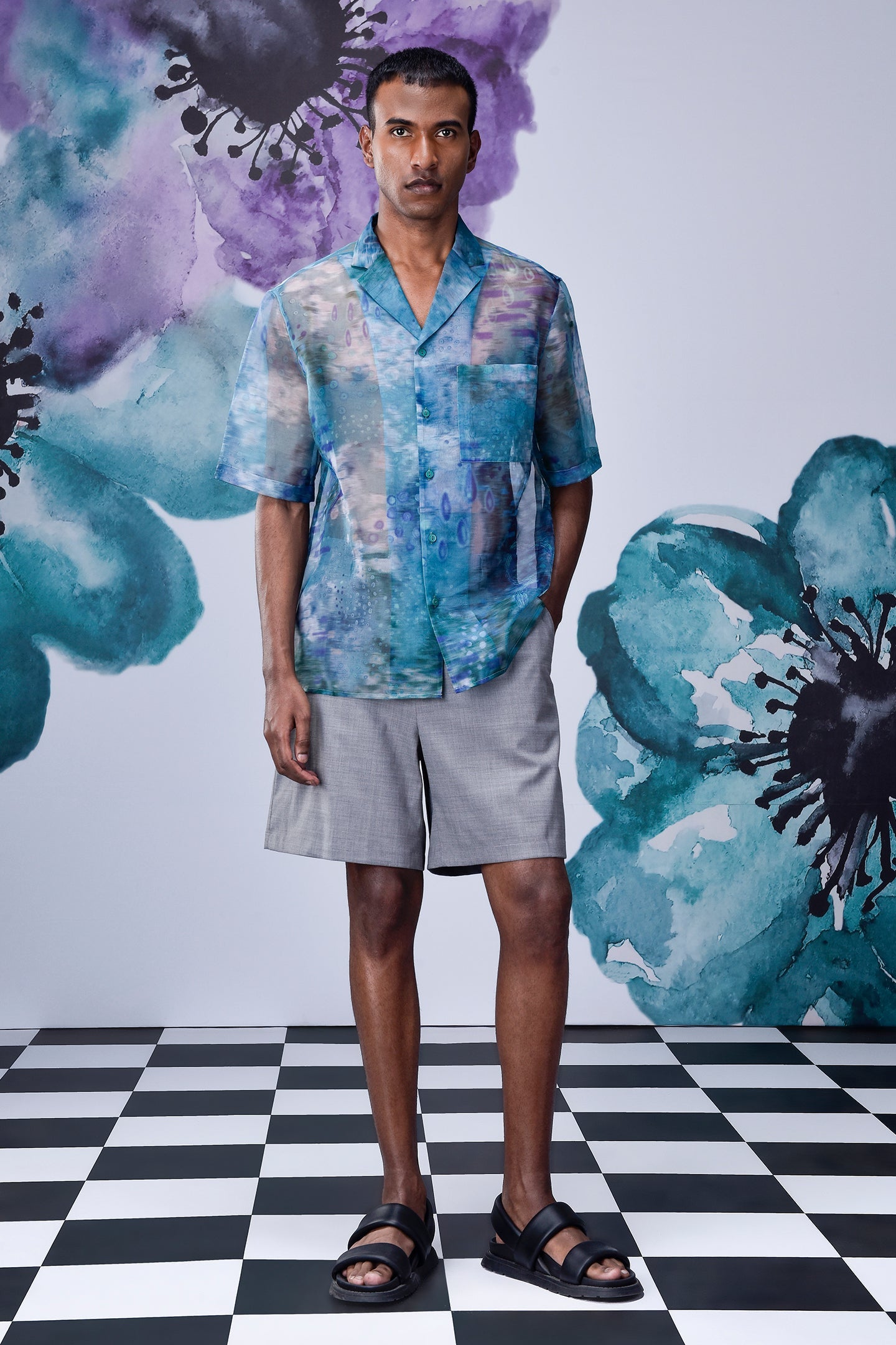 Men's summer organza shirt by Stylera in blue floral pattern with short sleeves
