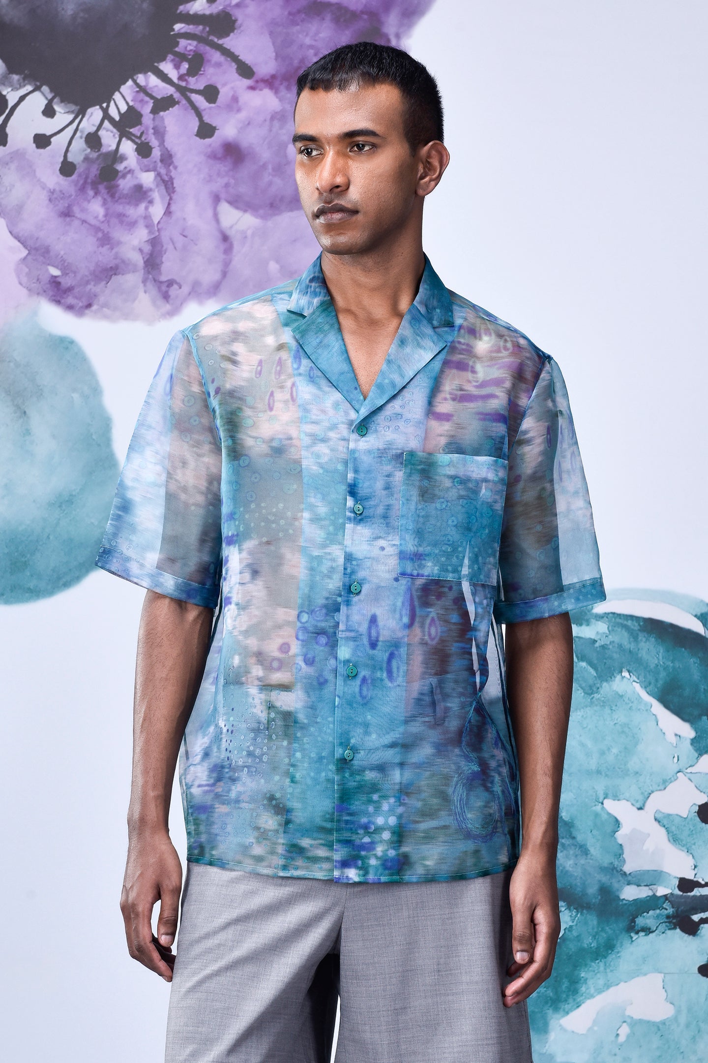 Men's summer organza shirt in blue with abstract patterns by Stylera