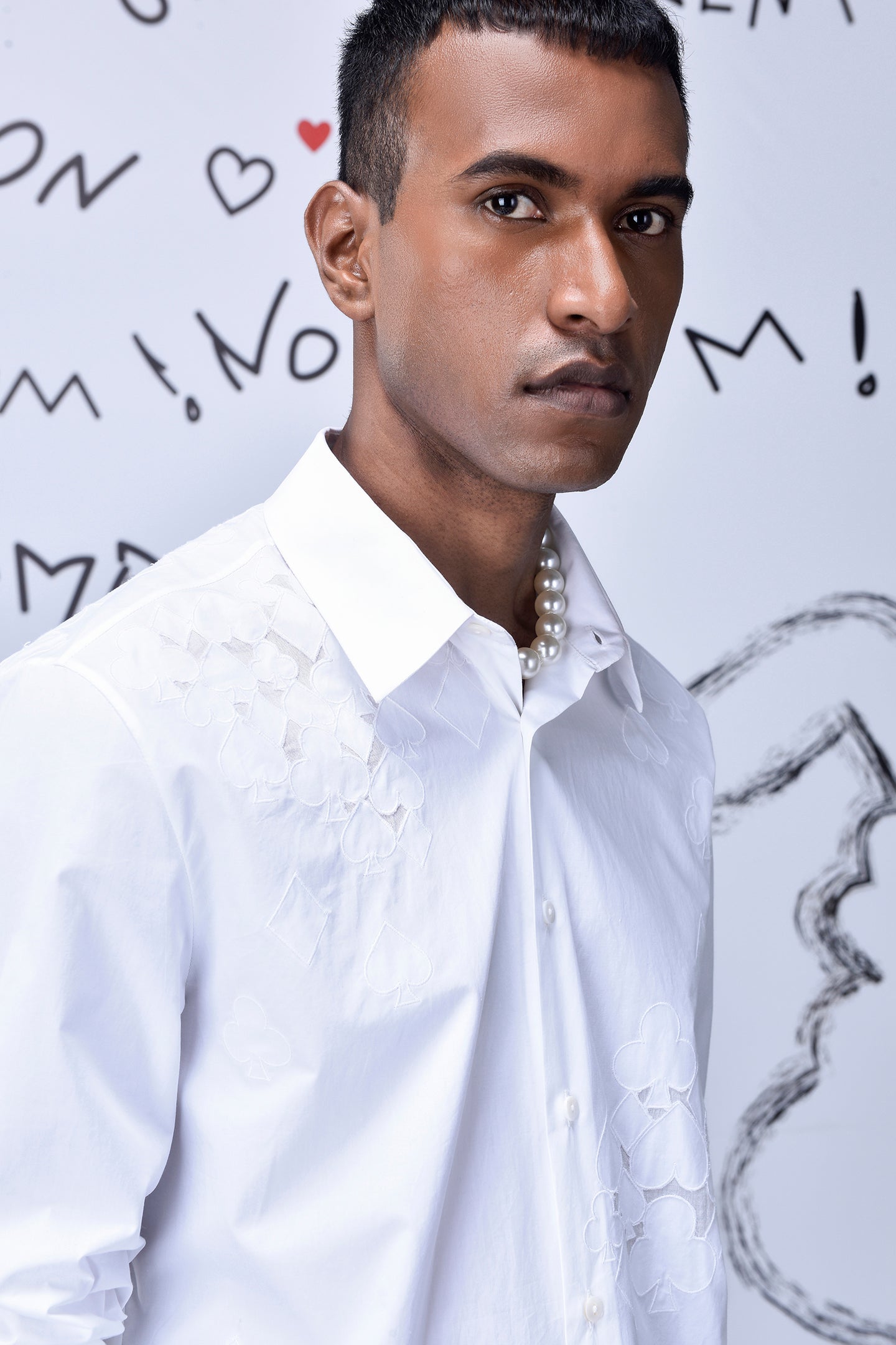 Stylera men's trendy white shirt with subtle embroidery detail on the shoulder