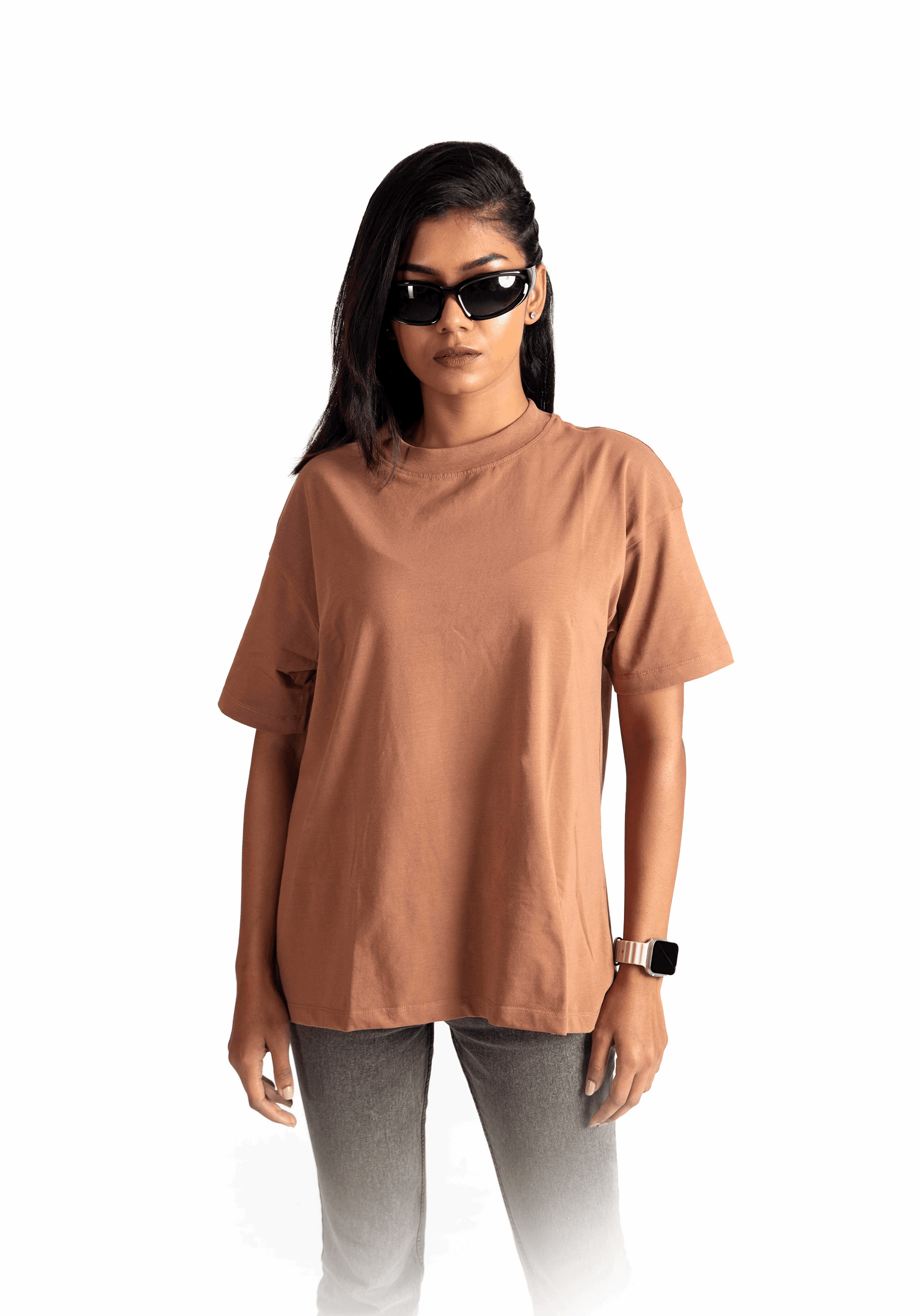 Woman wearing Mocha Brown Stylera oversized t-shirt with black sunglasses and watch