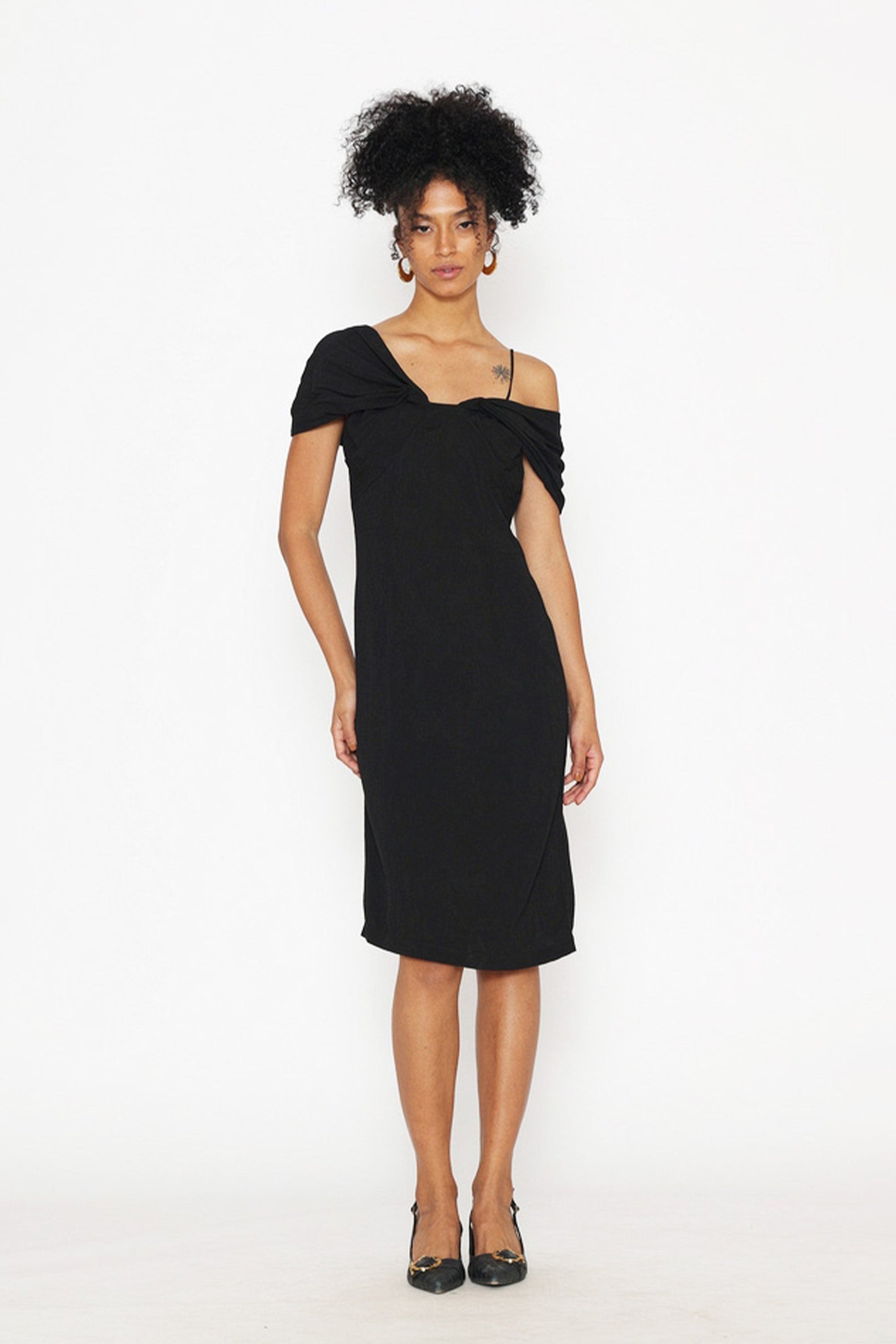 Stylera moonlit tide cocktail dress black off-shoulder midi dress with fitted silhouette