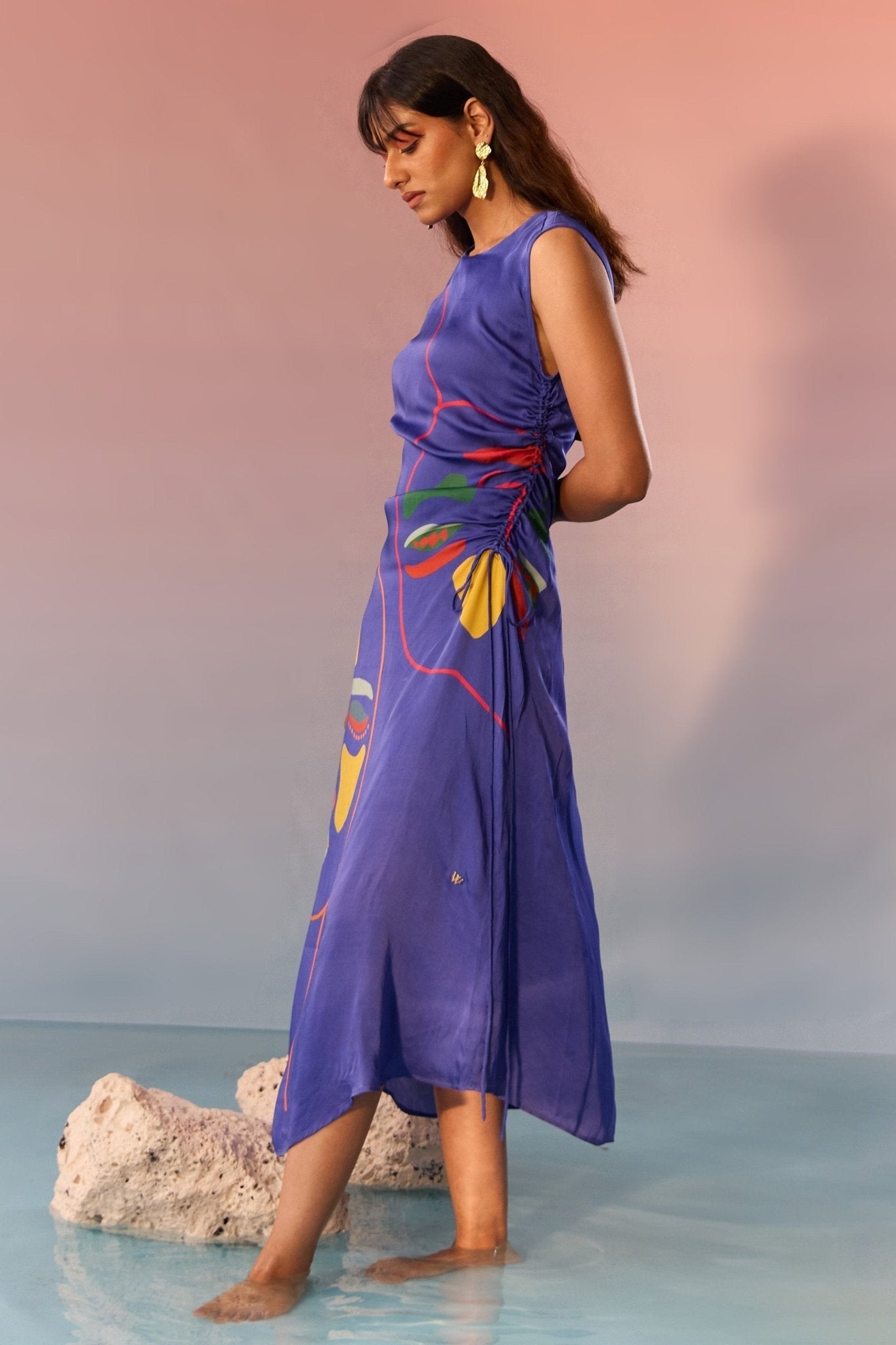 Stylera navy yin yang print dress sleeveless with colorful abstract design and ruched side detail