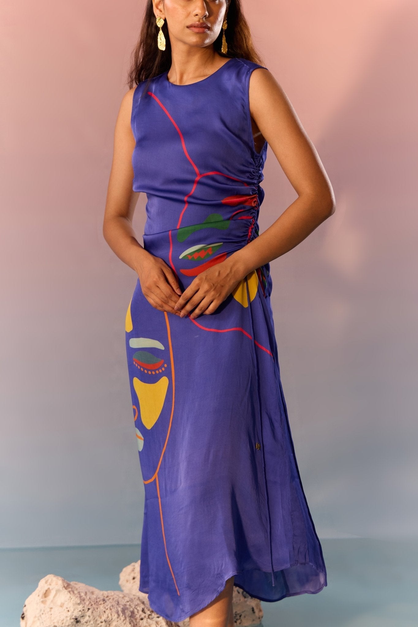 Stylera navy yin yang print dress sleeveless with abstract face design and asymmetrical hem