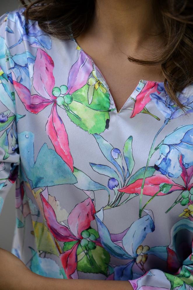 Pastel floral satin pajama set with vibrant prints and stylish, comfortable design by Stylera