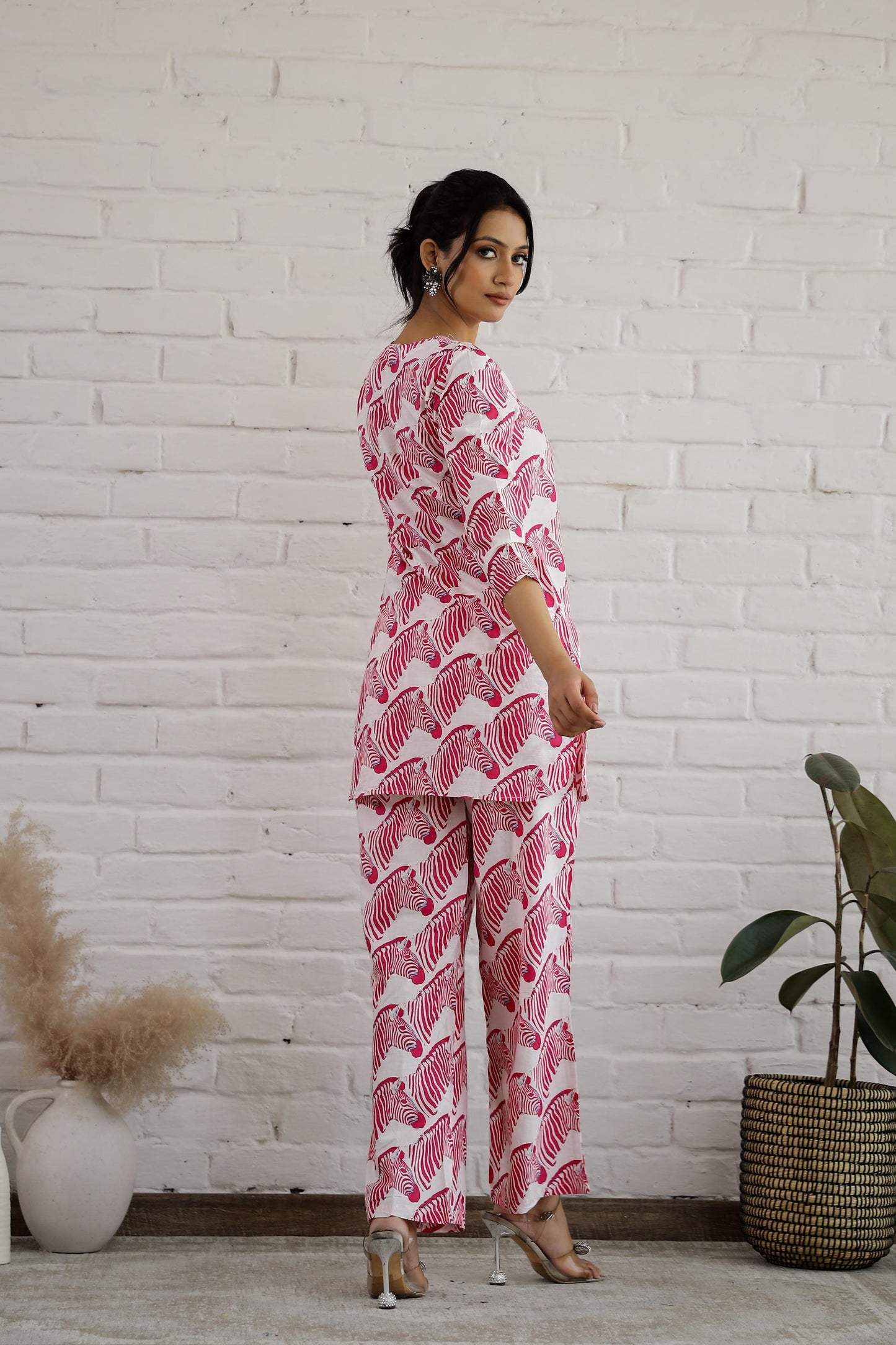 Stylish pink cotton matching set for women with a unique pattern and comfortable fit