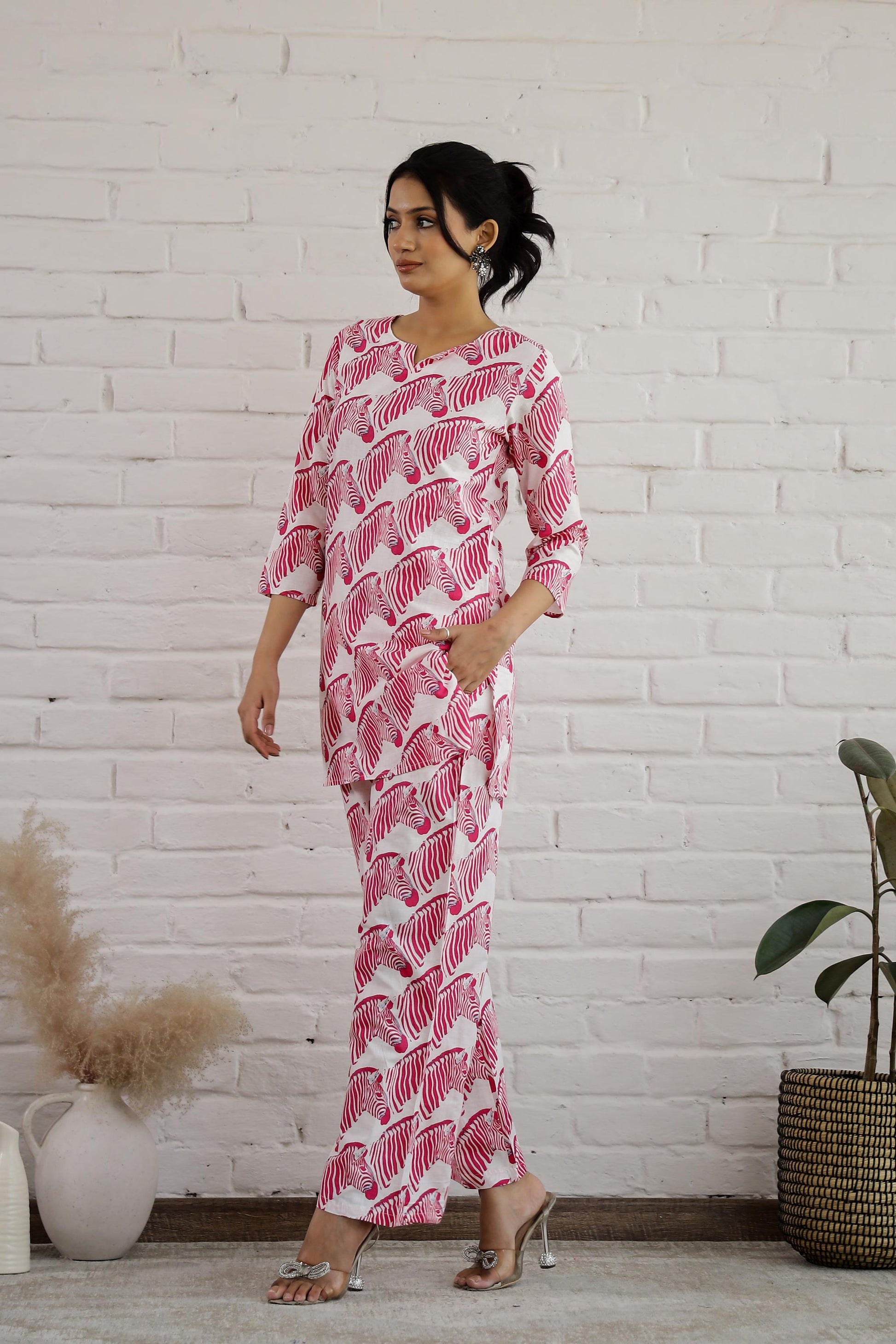 Pink cotton matching set for women with stylish design and long sleeves from Stylera