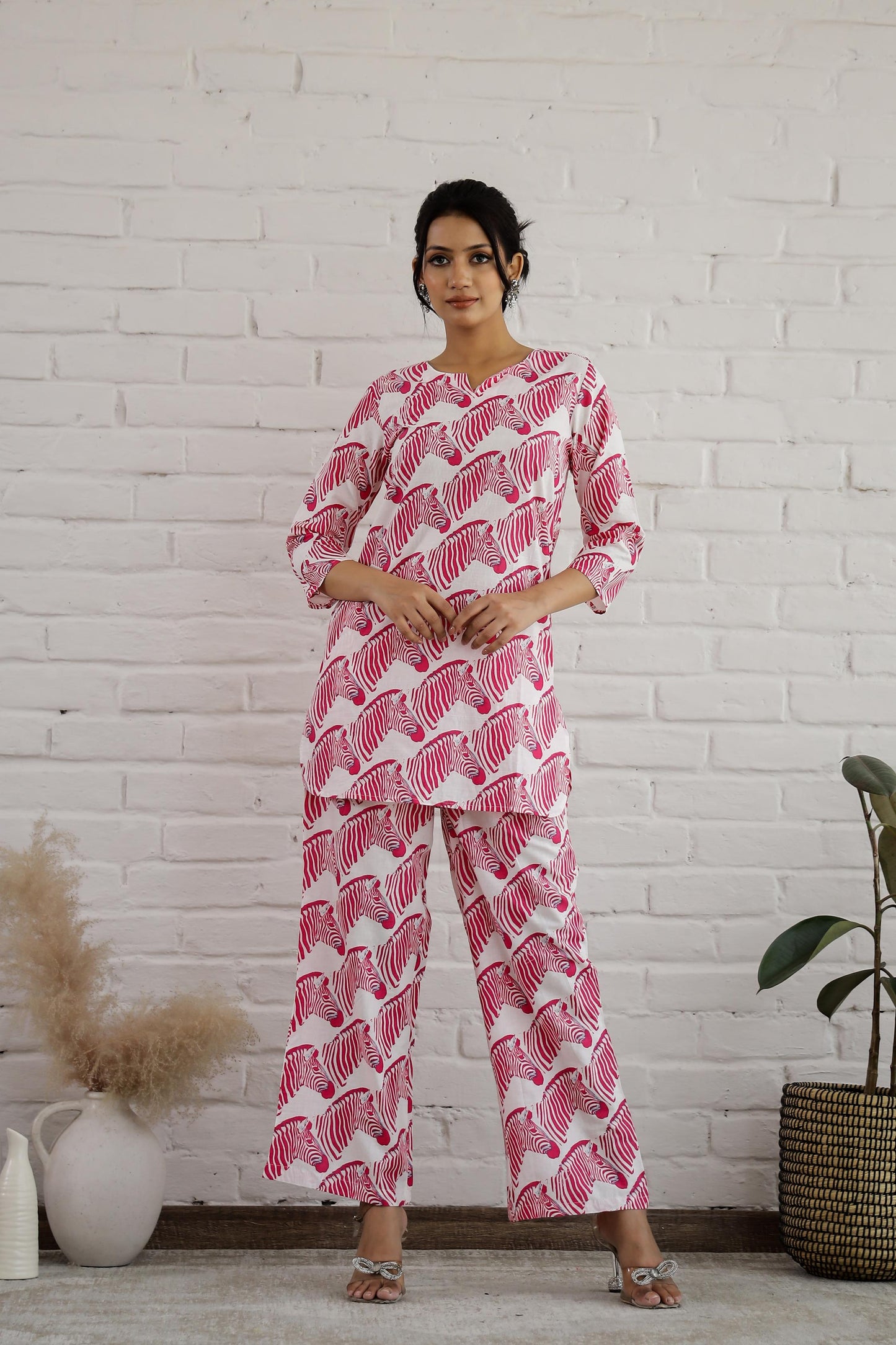 Stylish pink cotton matching set for women featuring a printed top and pants by Stylera