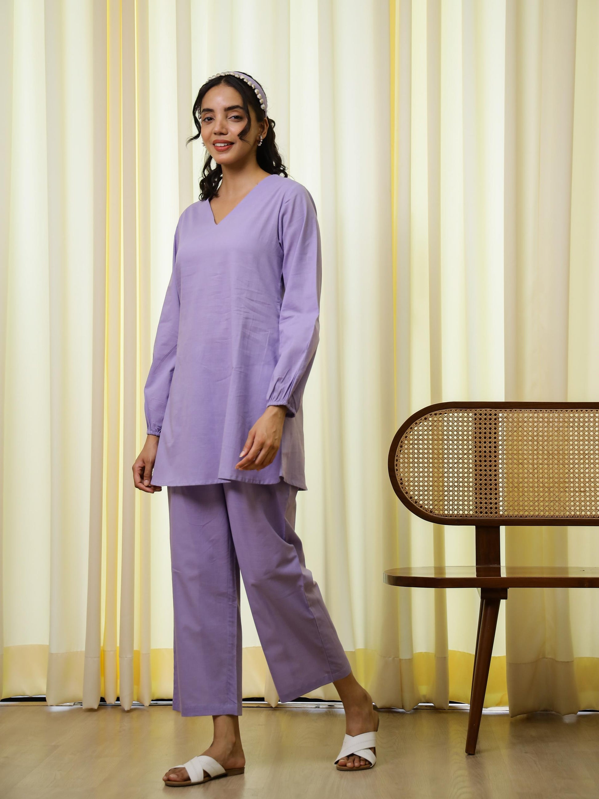 Purple cotton co-ord set for women, featuring a stylish top and matching pants, perfect for casual outings.