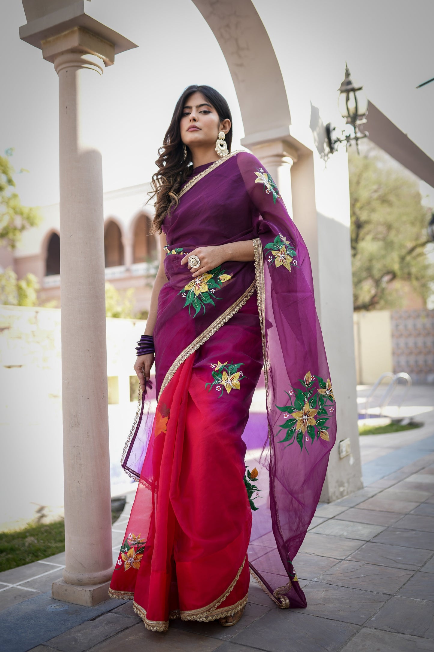 Elegant red and purple saree with handwork, featuring floral designs and a stylish drape for special occasions