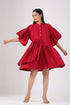 Red casual summer dress for women with puff sleeves and button details, perfect for warm weather outings