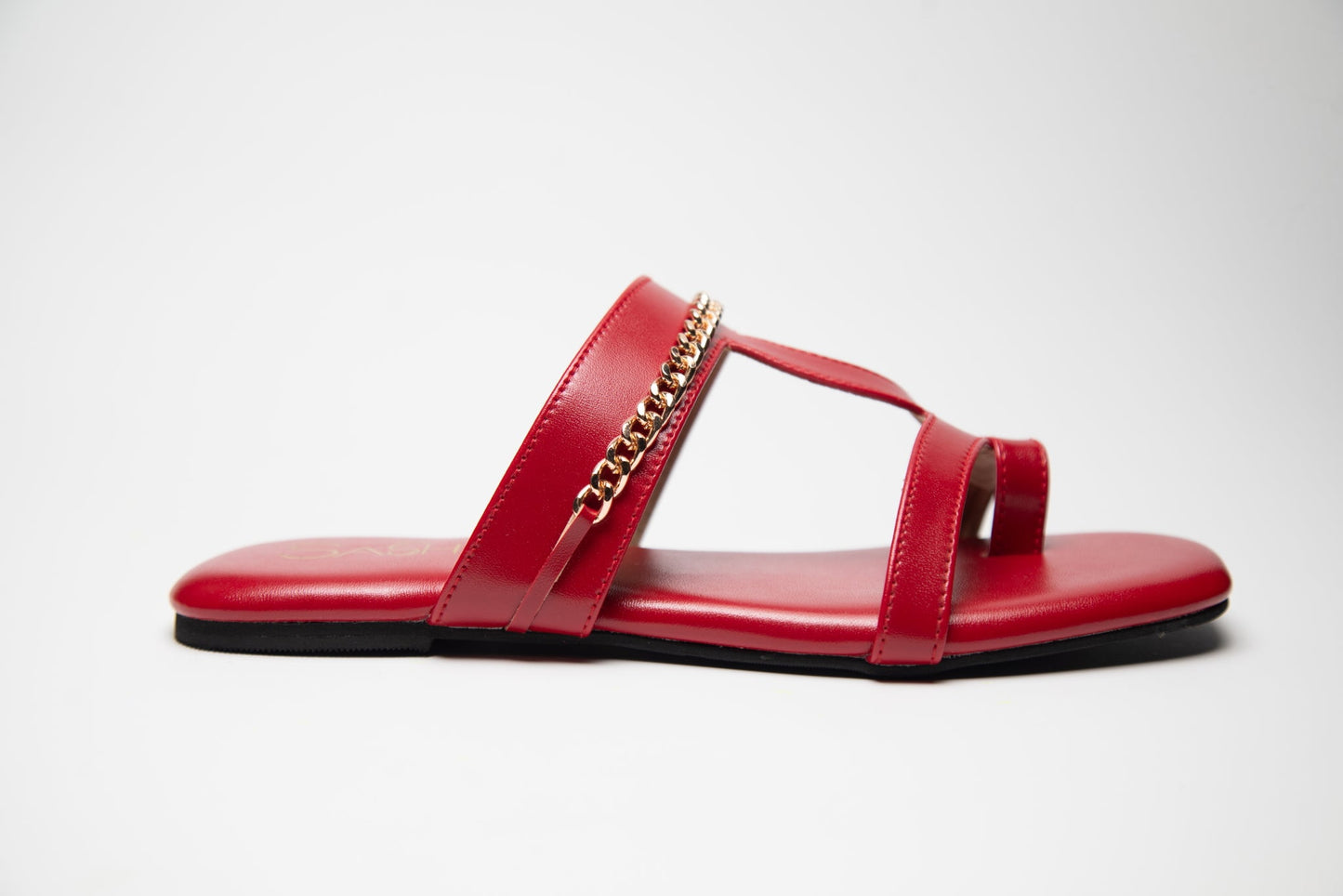Stylera stylish red flat sandals with chain detail and toe loop for comfortable wear