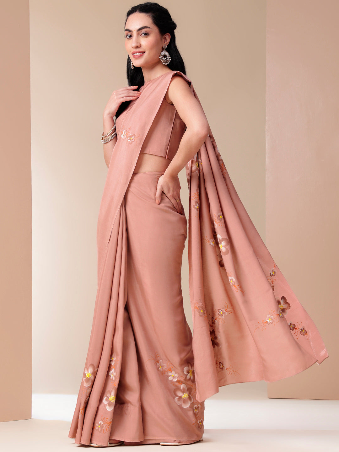 Elegant soft cotton saree with floral design in blush pink, paired with a matching blouse and stylish dupatta