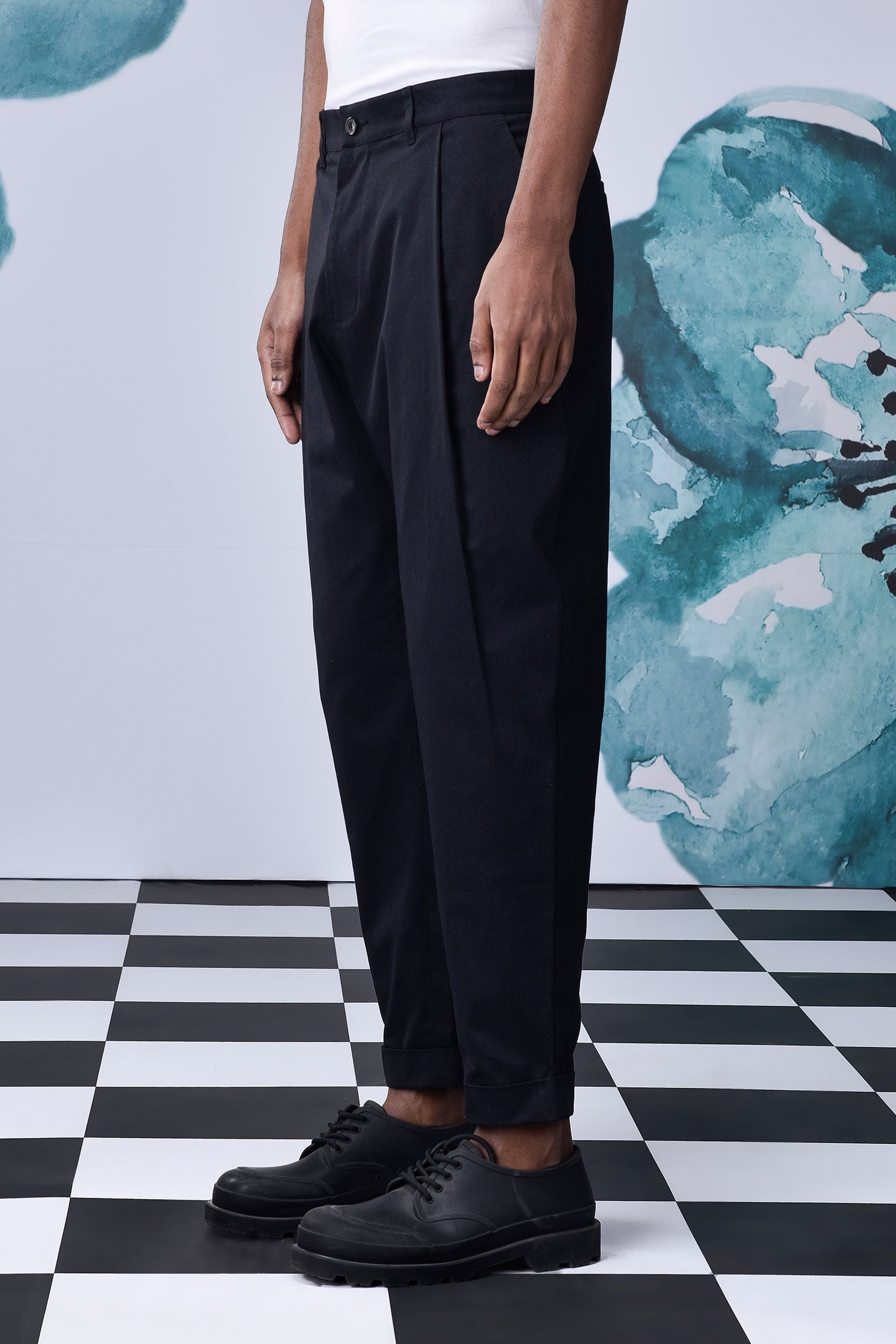 Stylish black pants for work by Stylera paired with black dress shoes