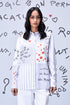 Stylera white button down shirt with red heart print and graffiti text on model stylish casual shirts for women