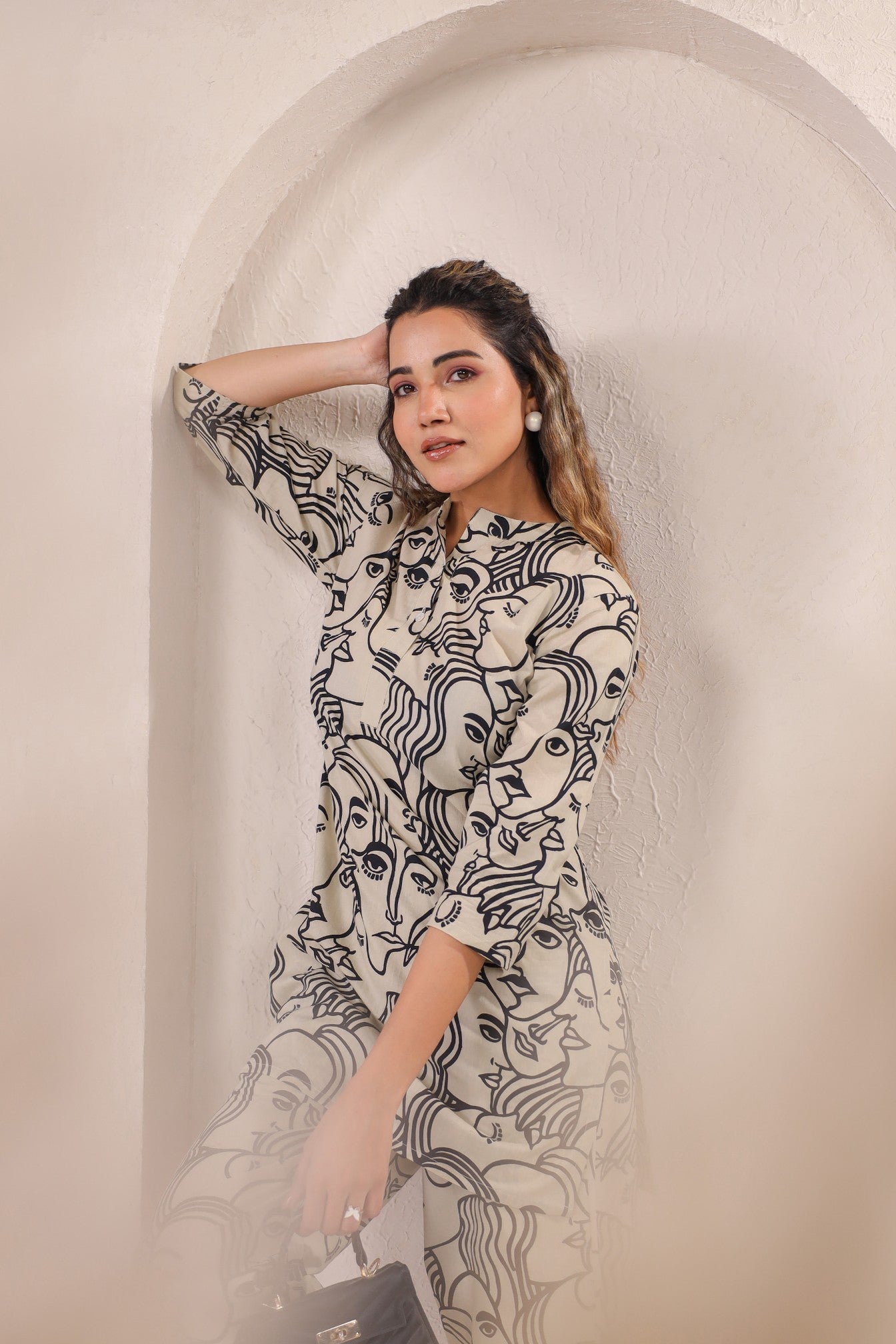 Stylera stylish co-ord outfit for women featuring artistic face prints and a comfortable fit