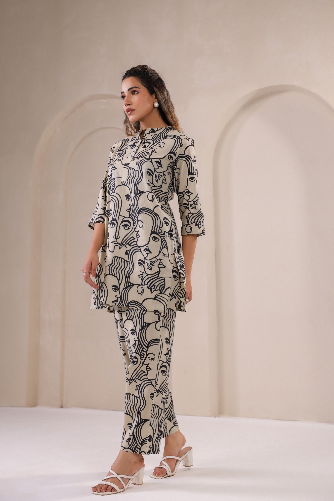 Stylish co-ord outfit for women featuring a trendy printed top and matching pants, perfect for casual wear.