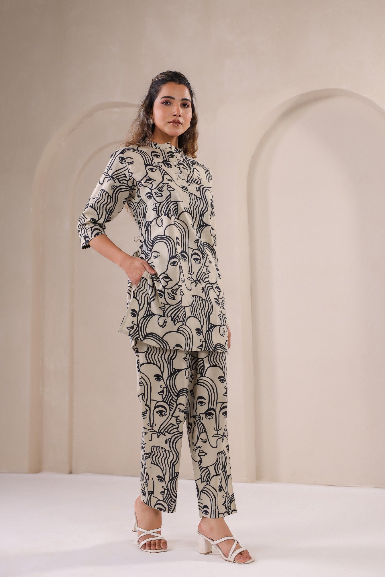 Stylish co-ord outfit for women featuring a unique face print and elegant design by Stylera