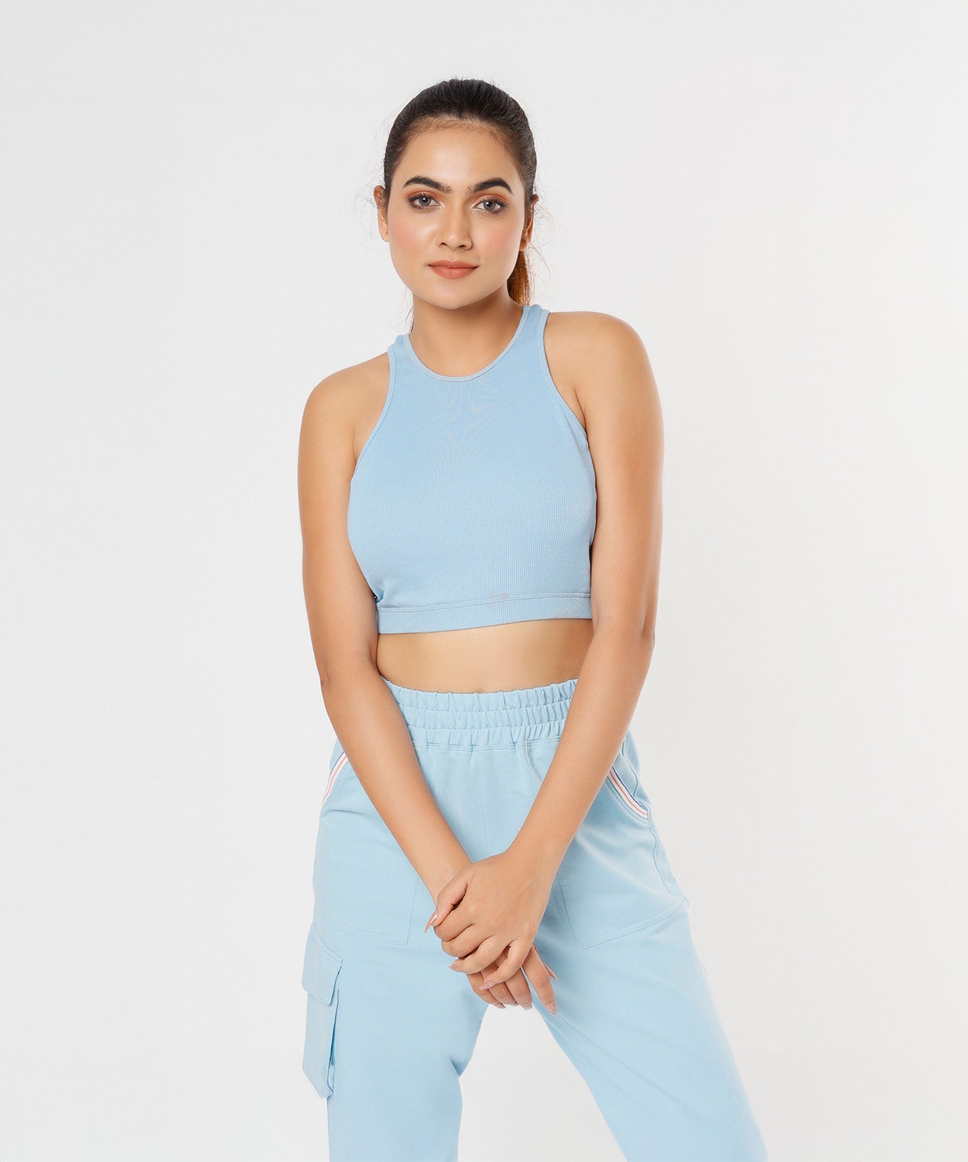 Light blue stylish co ord sets for women featuring a cropped tank top and matching pants
