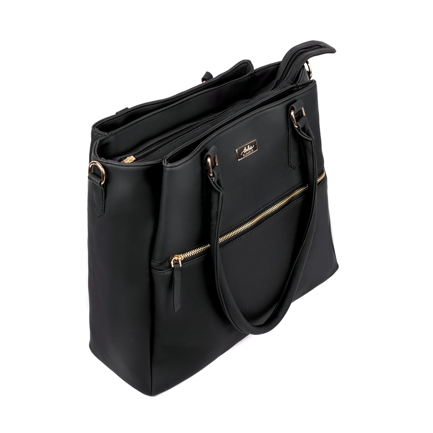 Black Aspire tote bag by Stylera with gold accents, a stylish everyday carryall bag for versatile use