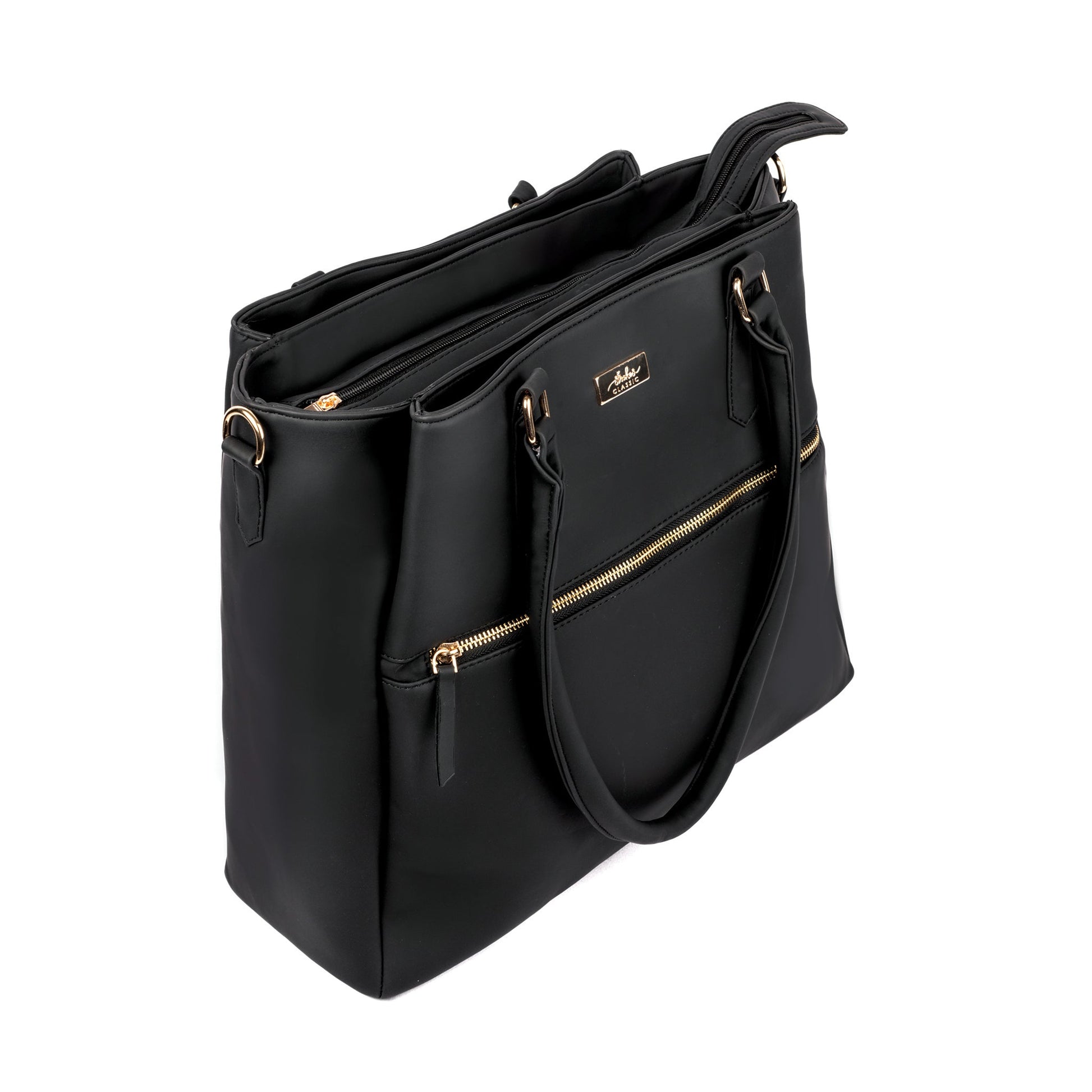 Black Aspire tote bag by Stylera with gold accents, a stylish everyday carryall bag for versatile use