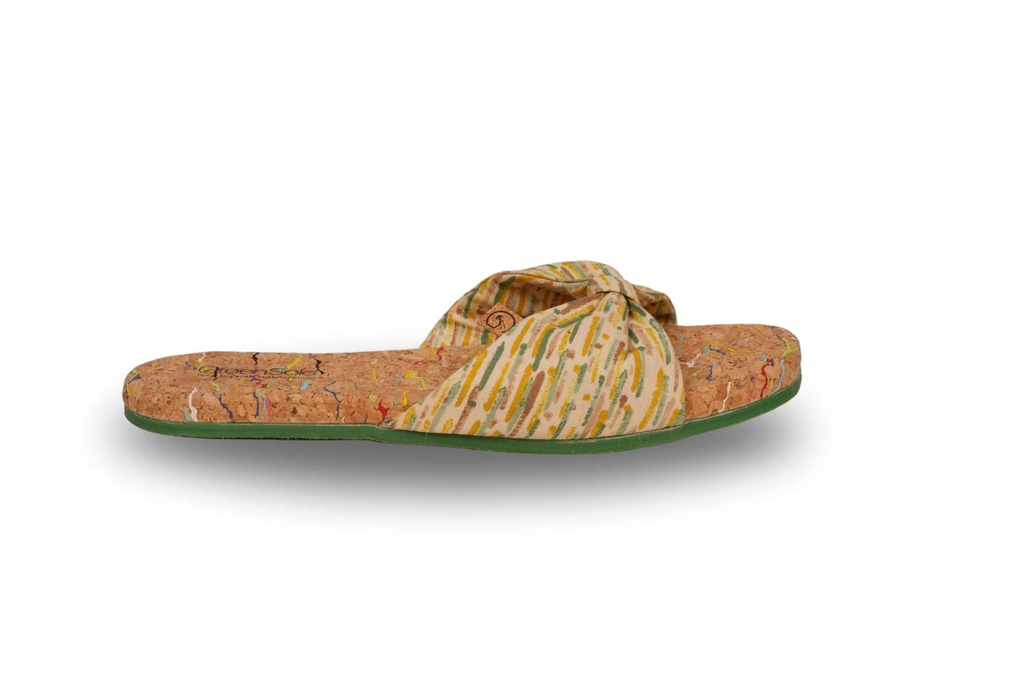 Stylish flat sandals with bow in vibrant yellow and cork design for casual summer wear