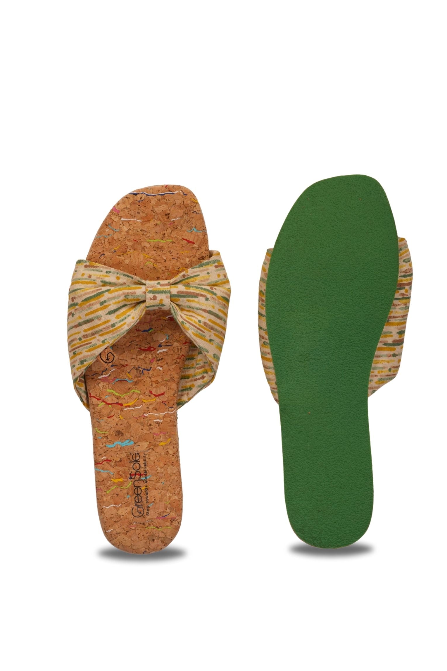 Stylera stylish flat sandals with bow featuring a cork footbed and vibrant design
