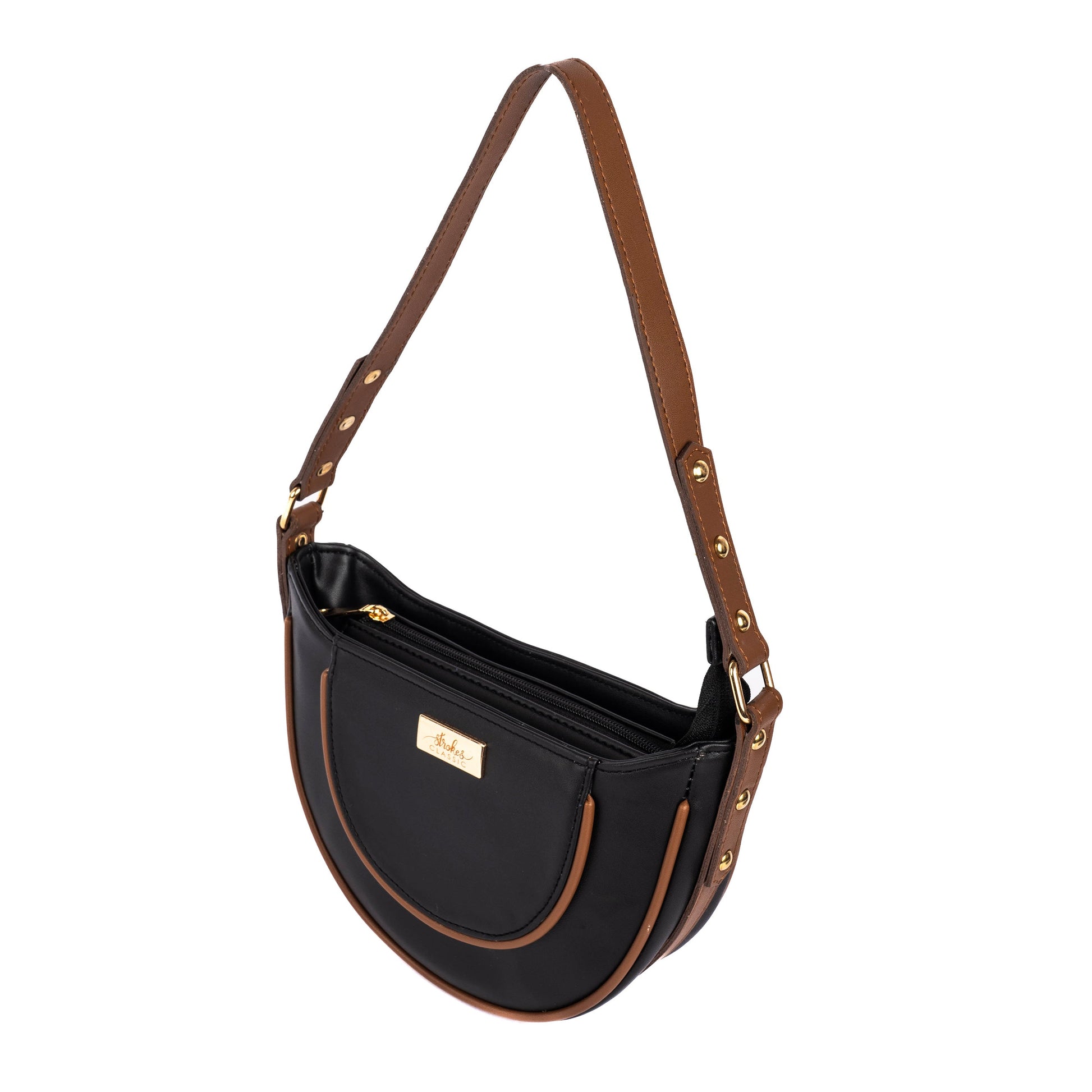 Stylish shoulder bag for women by Stylera with a sleek black design and elegant brown accents