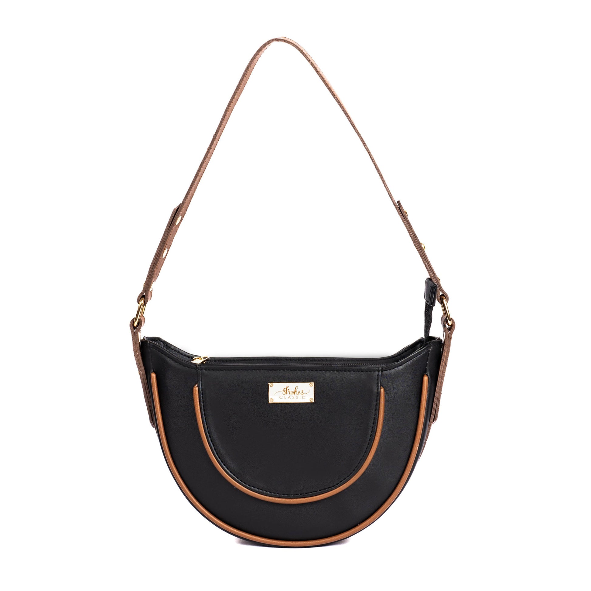 Stylish shoulder bag for women by Stylera in black leather with contrast stitching and a curved design