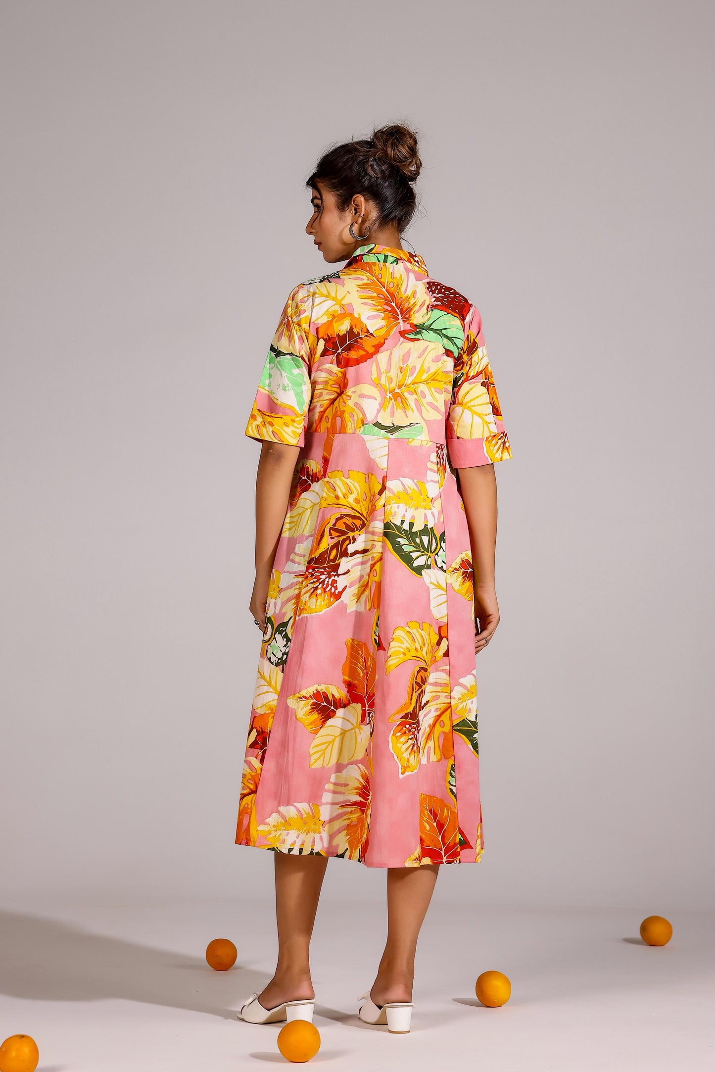 Stylera Summer Pink Cotton Dress with Tropical Floral Print and Short Sleeves