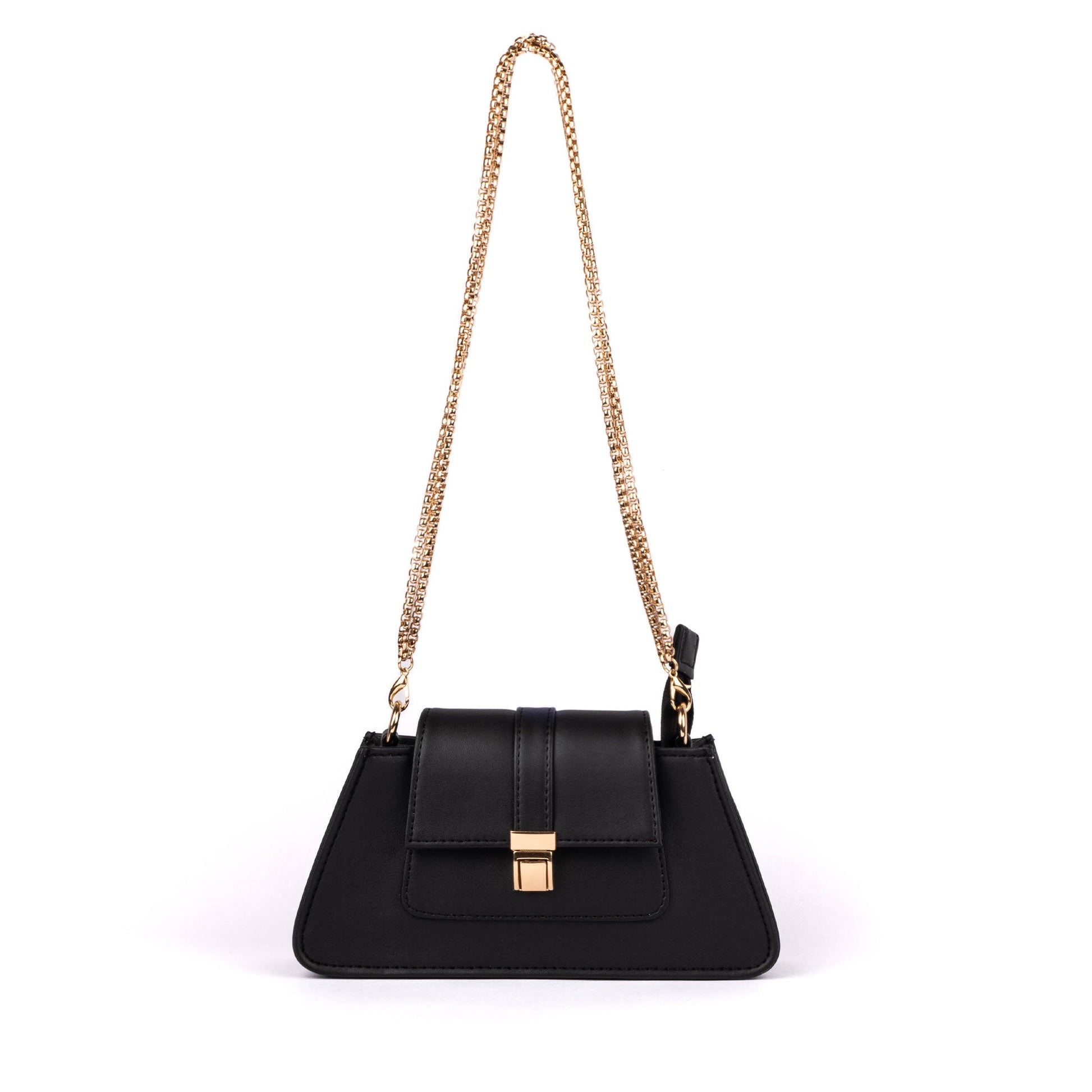 Stylish mini baguette bag in black with a gold chain strap, perfect trendy black shoulder bag for women