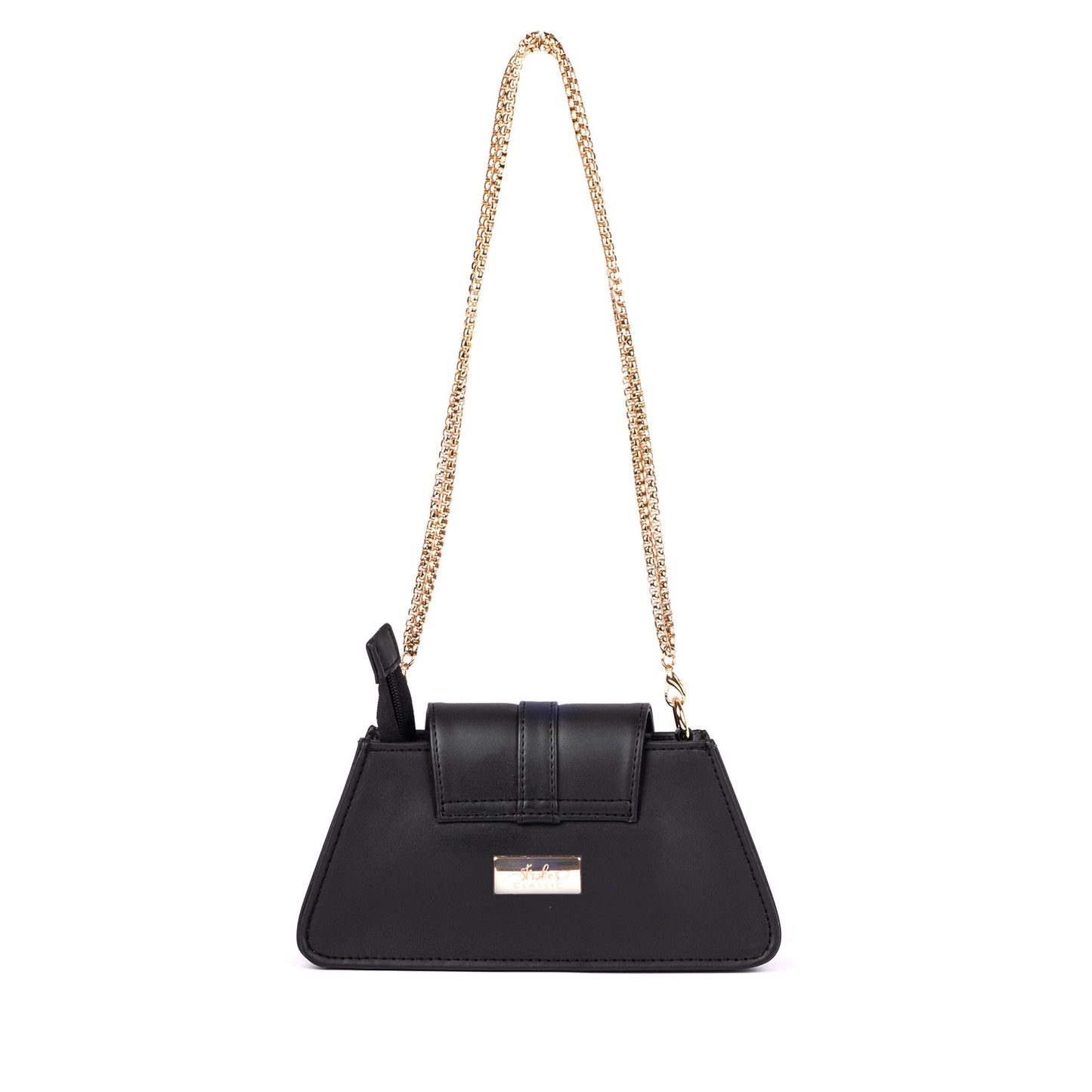 Trendy black shoulder bag for women with a stylish design and gold chain strap