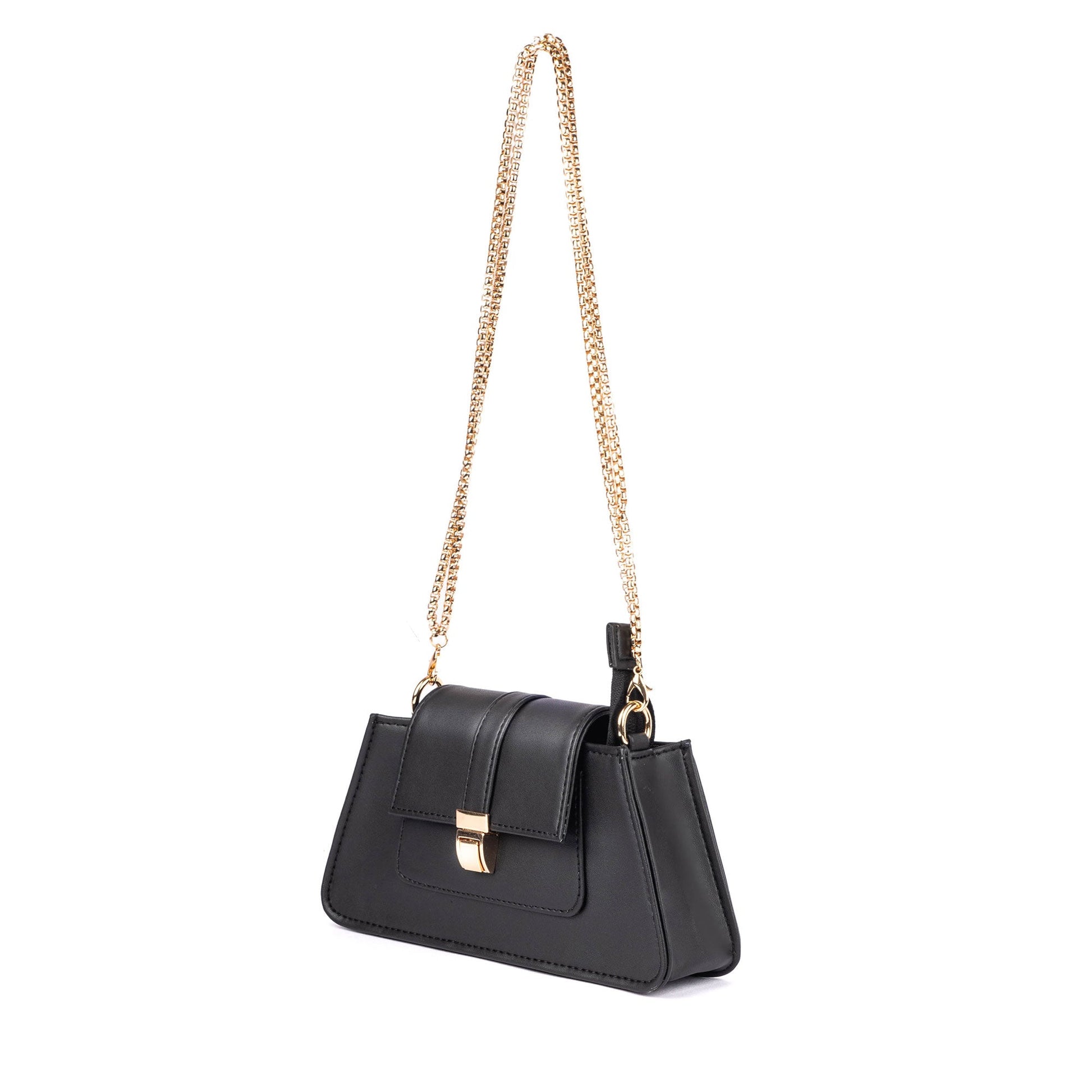 Trendy black shoulder bag for women with a chain strap and stylish flap design