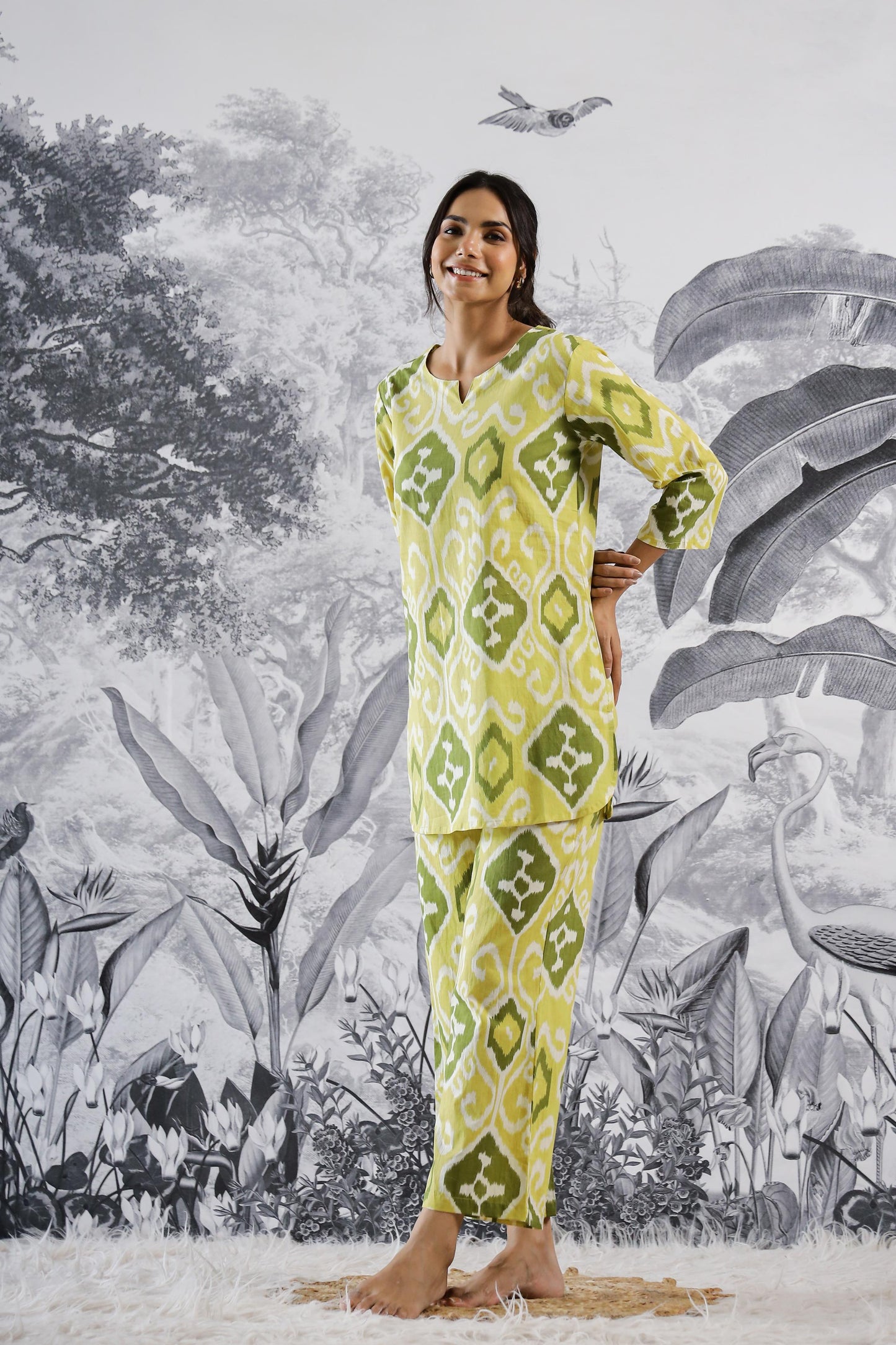 Trendy cotton two piece outfit in green and yellow with unique pattern, perfect for casual wear